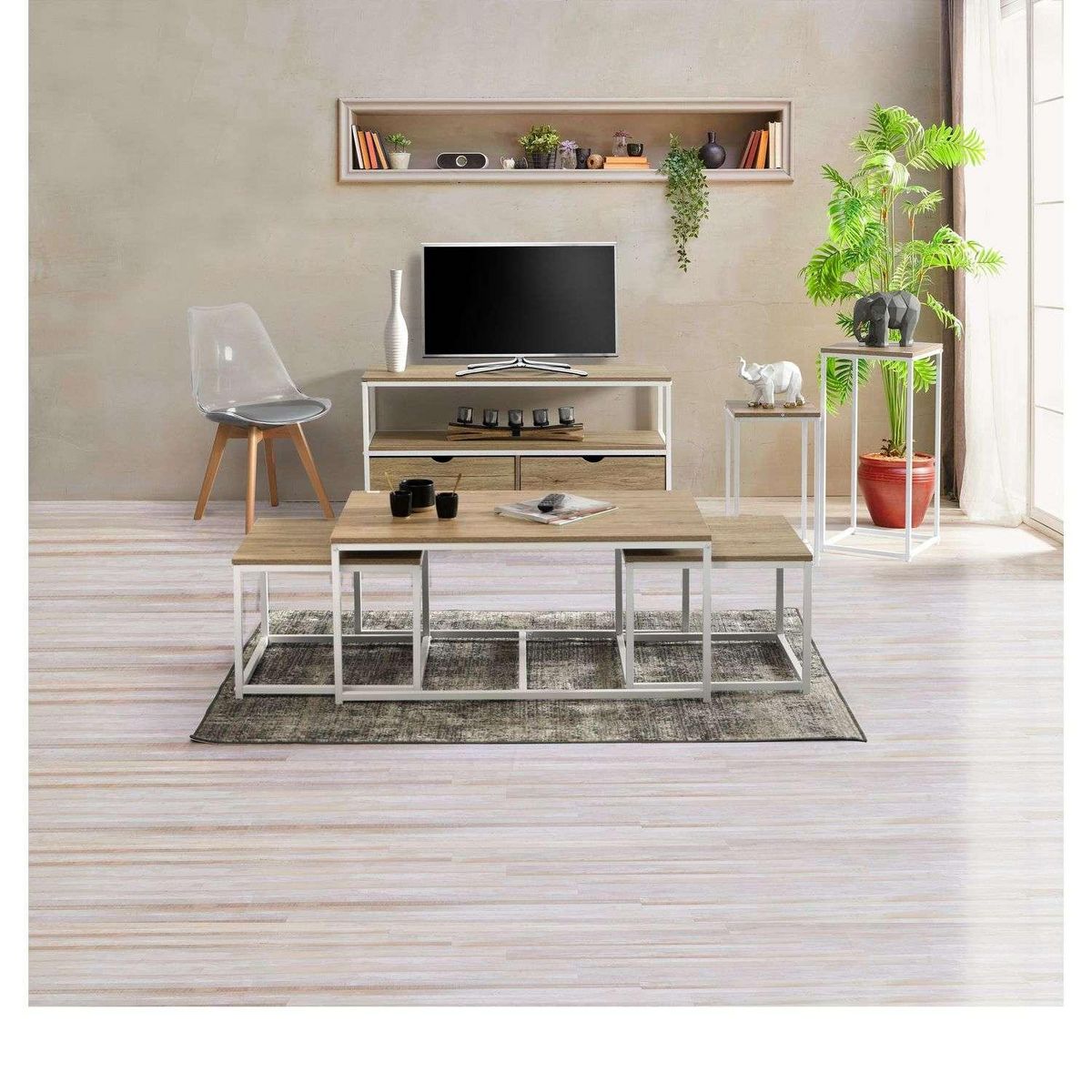 DIVERS Trio de tables basses La Casa Blanca en bois et métal - Marron et blanc