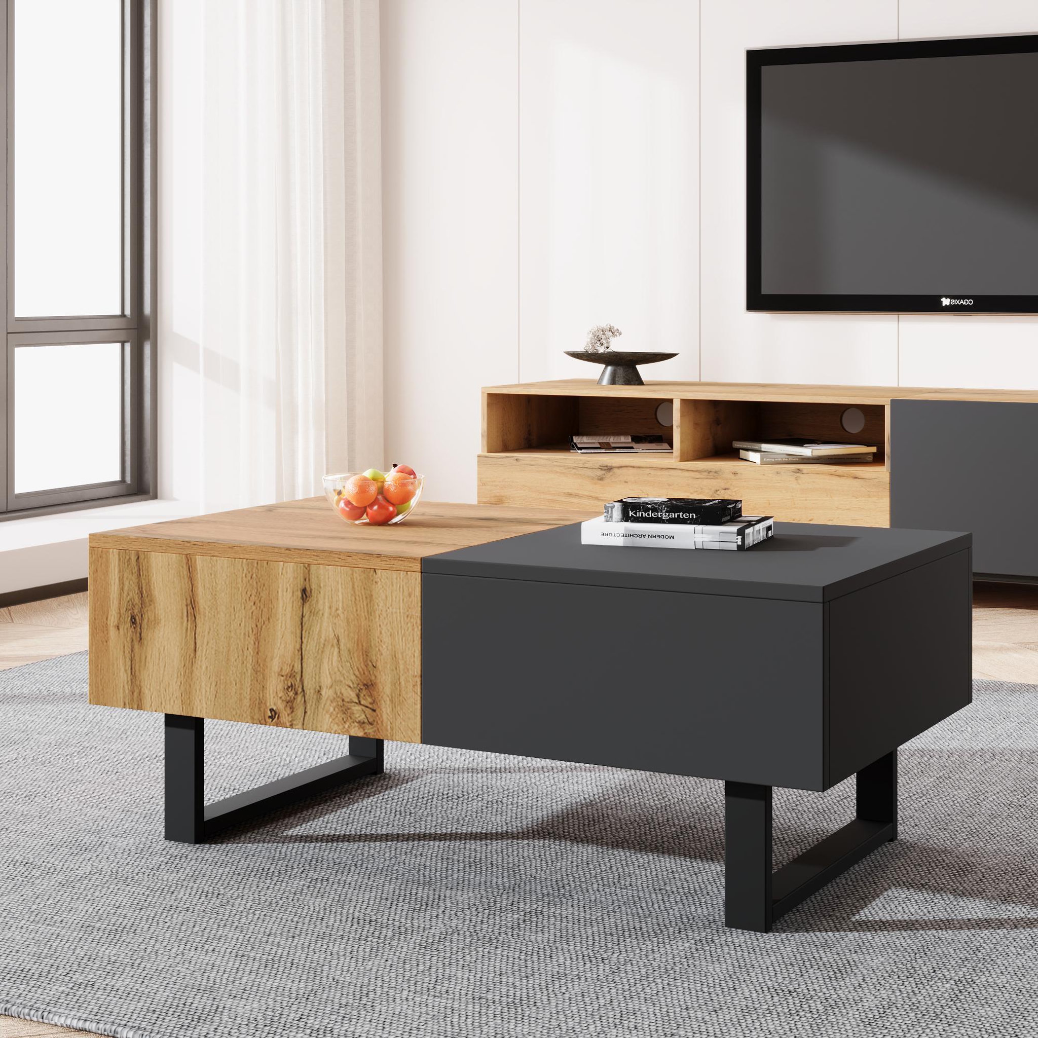 Voir la diapositive 2 : MERAX Table Basse Coulissante Avec Rangement Caché Style Industriel 155 X 55 X 22 Cm