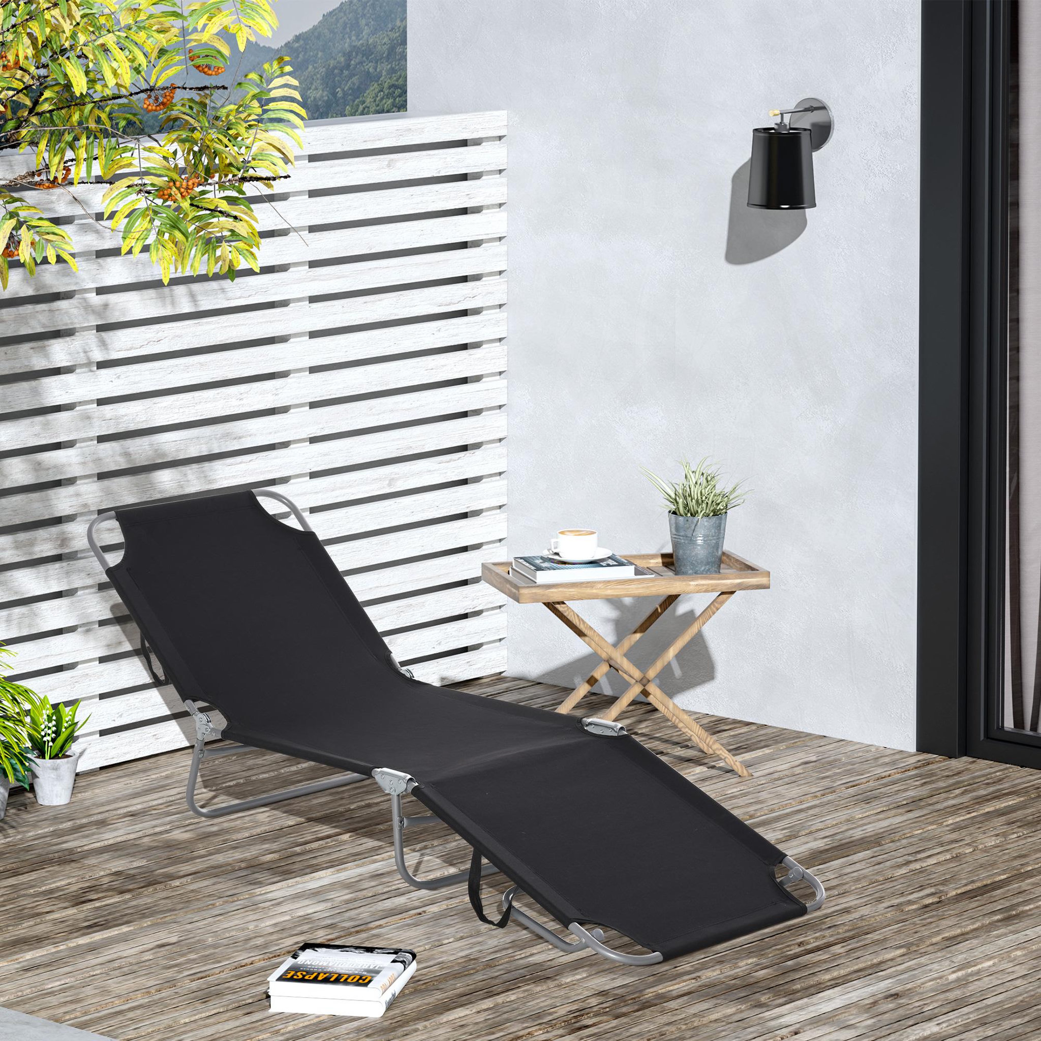 Voir la diapositive 2 : OUTSUNNY Bain de soleil transat pliable dossier réglable multipositions métal et polyester noir