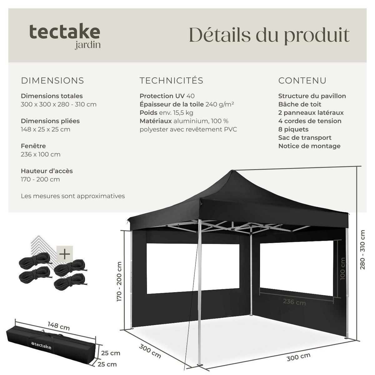 tectake Pavillon de jardin 3 x 3 m avec cadre en aluminium noir