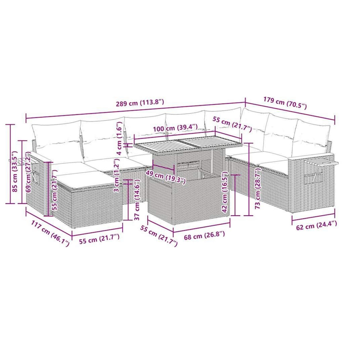 VIDAXL Salon de jardin avec coussins 9 pcs beige resine tressee acacia