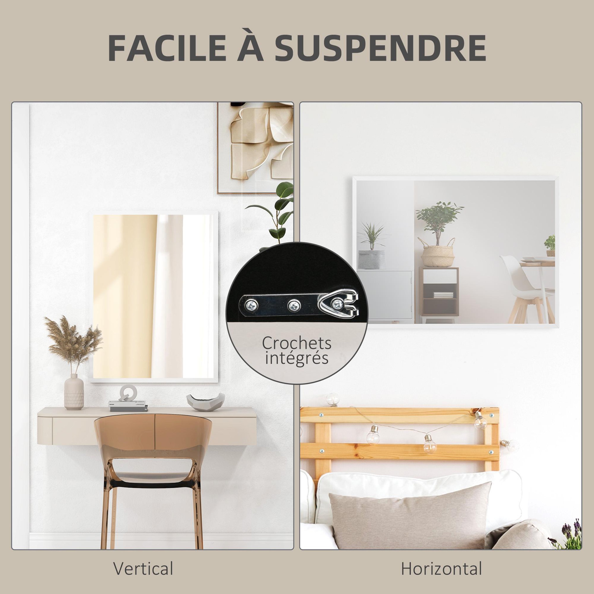 Voir la diapositive 5 : HOMCOM Miroir mural rectangulaire dim. 60L x 80H cm MDF blanc