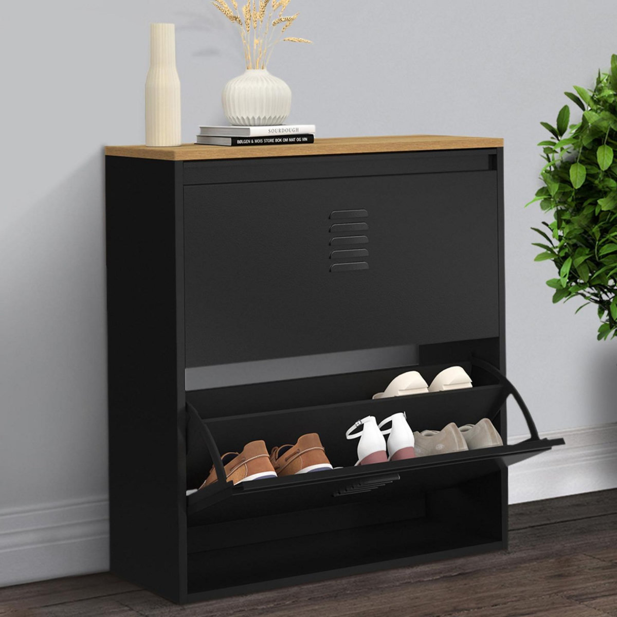 ID MARKET Meuble à chaussures 12 paires ESTER 2 portes métal noir et plateau façon hêtre design industriel