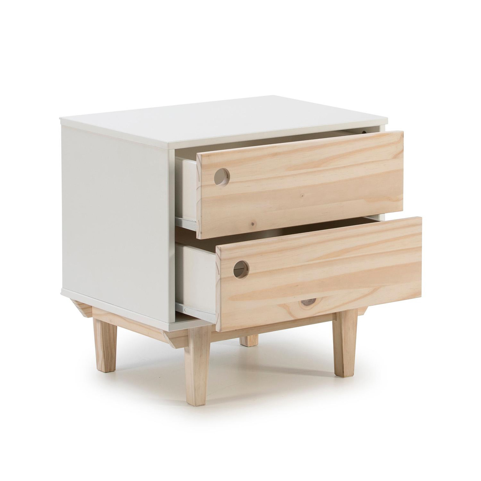 Voir la diapositive 2 : VS VENTA-STOCK Chevet Roma avec 2 tiroirs en Couleur Blanc, Pieds et façades en Bois Naturel