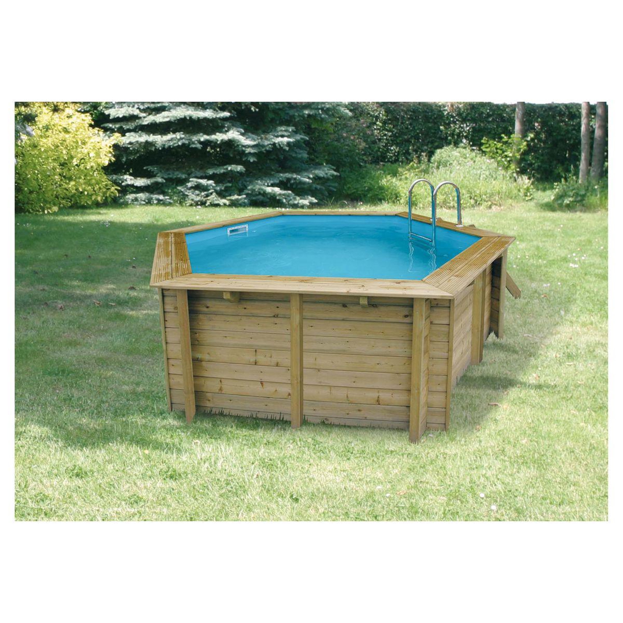 Voir la diapositive 2 : UBBINK Piscine hors sol bois hexagonale - 410x120cm - Liner Bleu + Bâche à bulles-AZURA