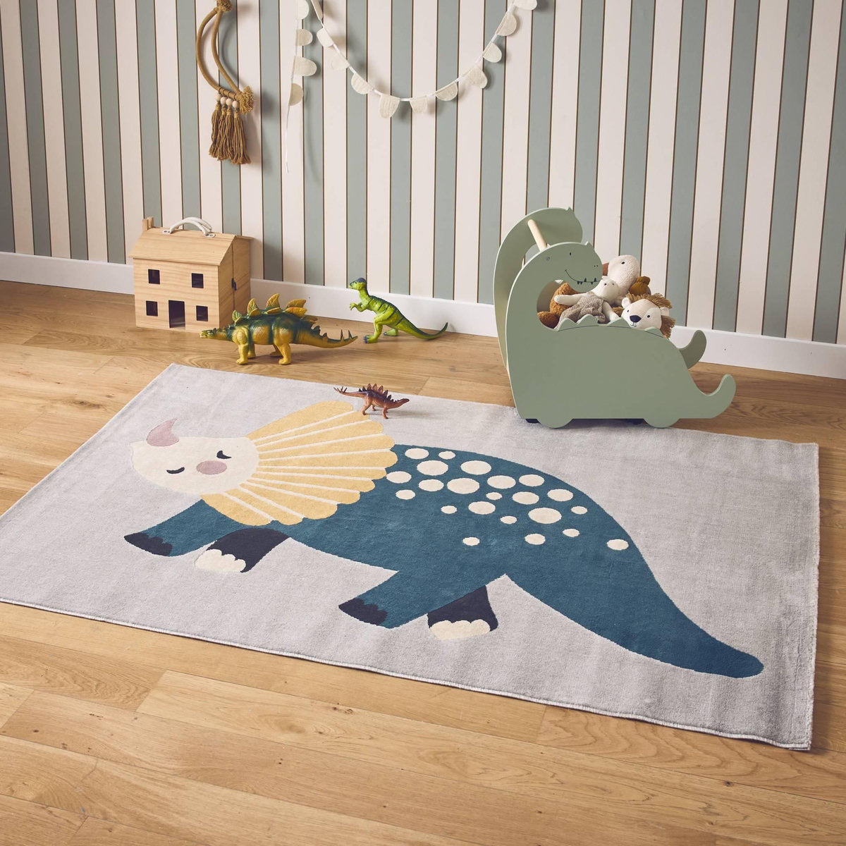 SWEEEK Tapis enfant dinosaure. tapis intérieur gris clair poils ras 120 x 170cm