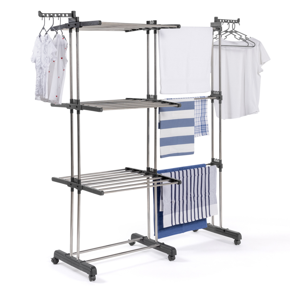 ID MARKET Séchoir à linge vertical pliable et extensible 3 niveaux GIGA capacité 27M avec cintres et pinces inox et gris