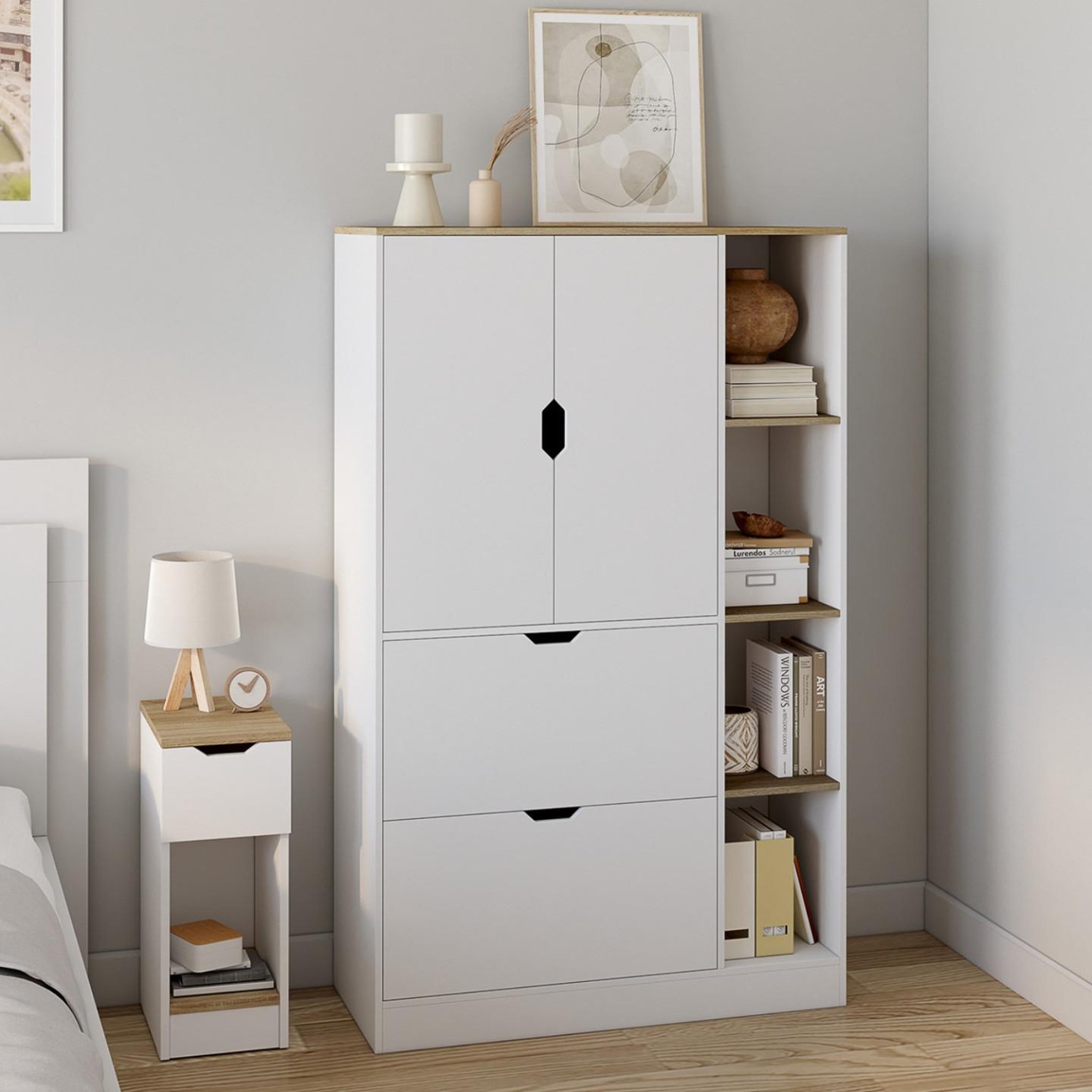 Voir la diapositive 2 : ID MARKET Meuble de rangement l. 80 cm nouk pour bureau, chambre, entrée avec 3 portes et 2 tiroirs blanc et bois