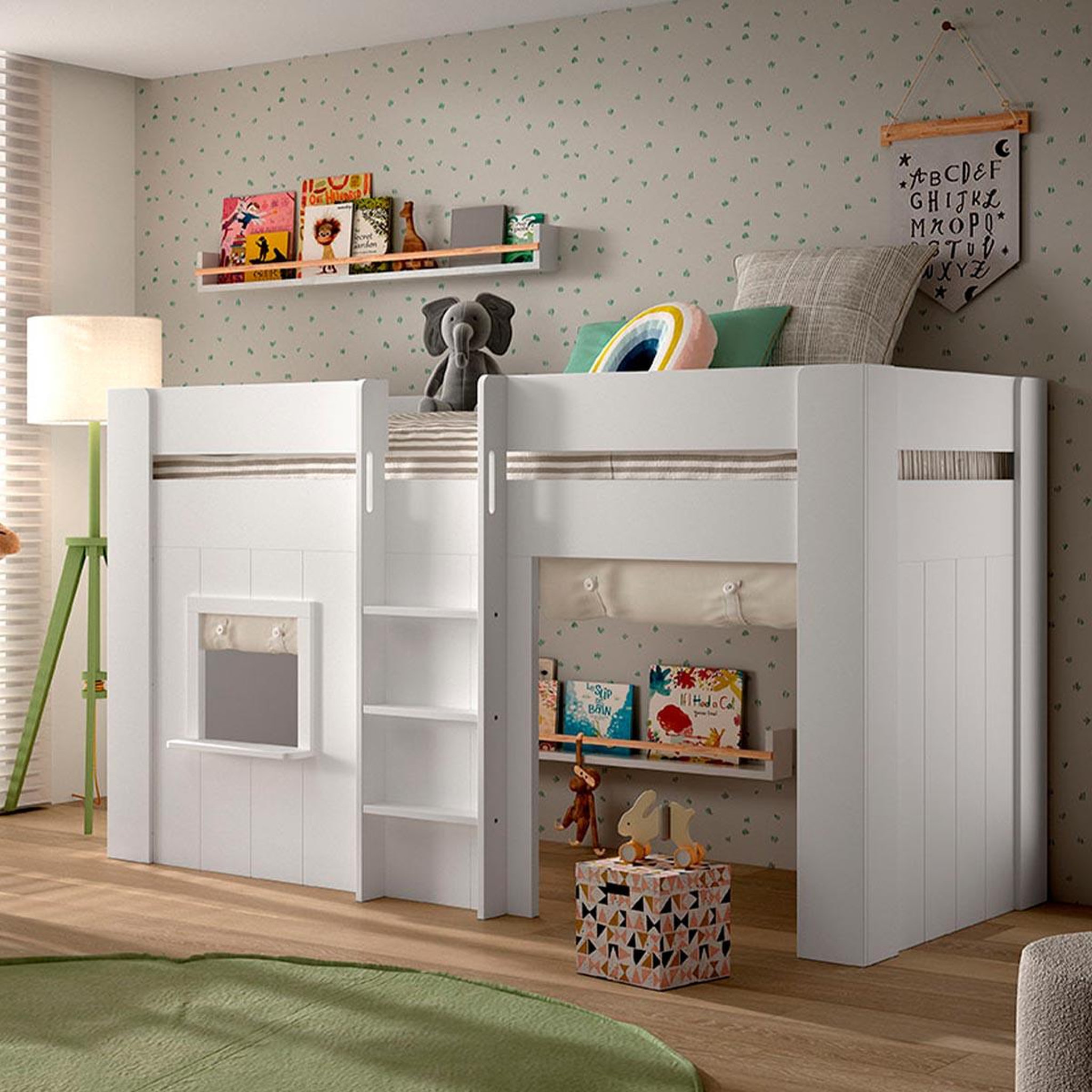 Voir la diapositive 4 : Paris Prix Lit cabane enfant & rideaux  reno  90x200cm blanc