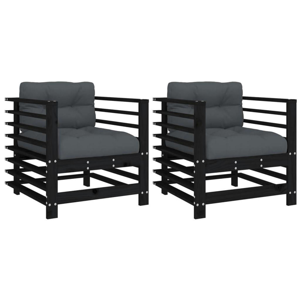 VIDAXL Chaises de jardin et coussins lot de 2 noir bois de pin massif