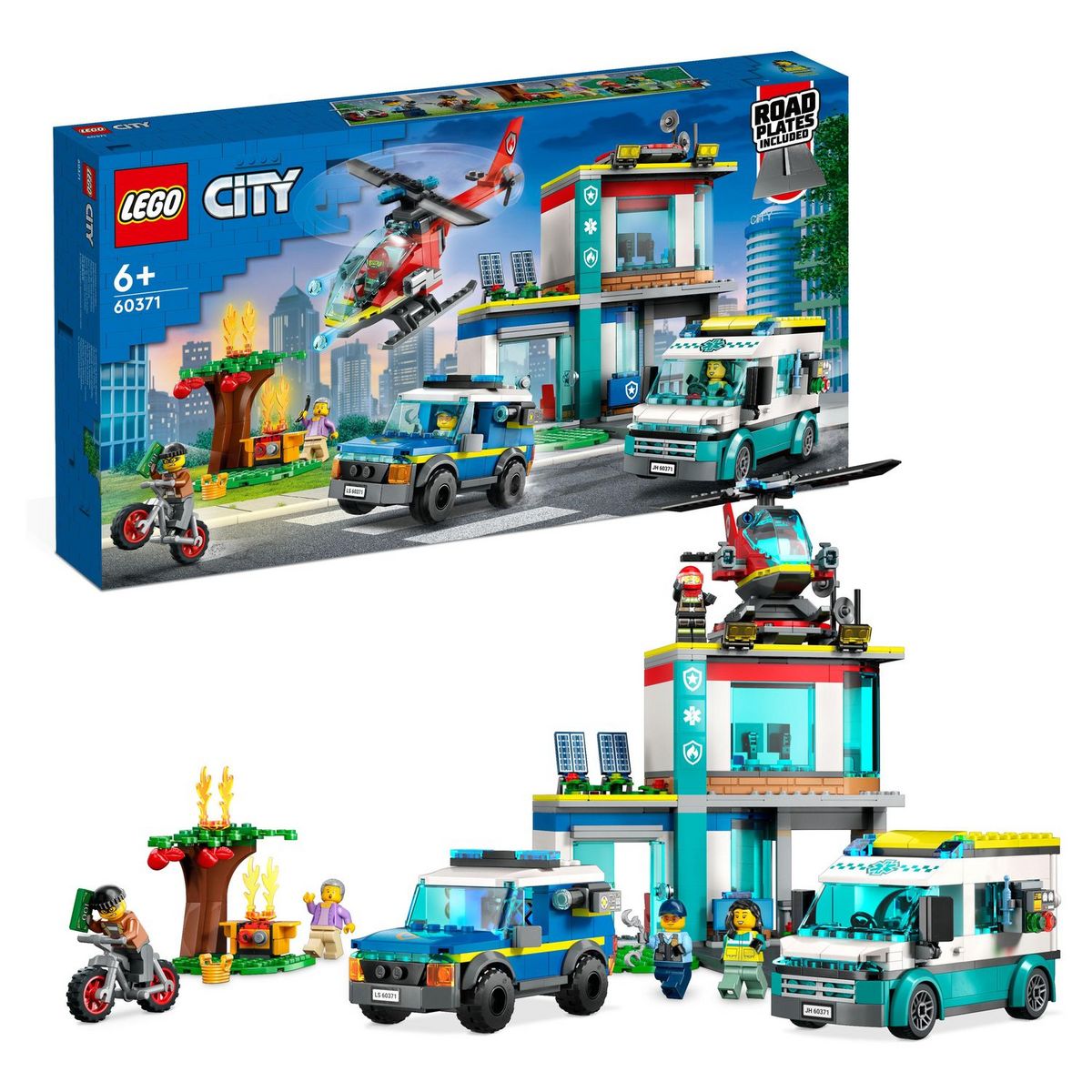 LEGO City 60371 Le QG des véhicules d'urgences, avec Hélicoptère de Pompier, Jouet Camion Ambulance, Moto et Voiture de Police