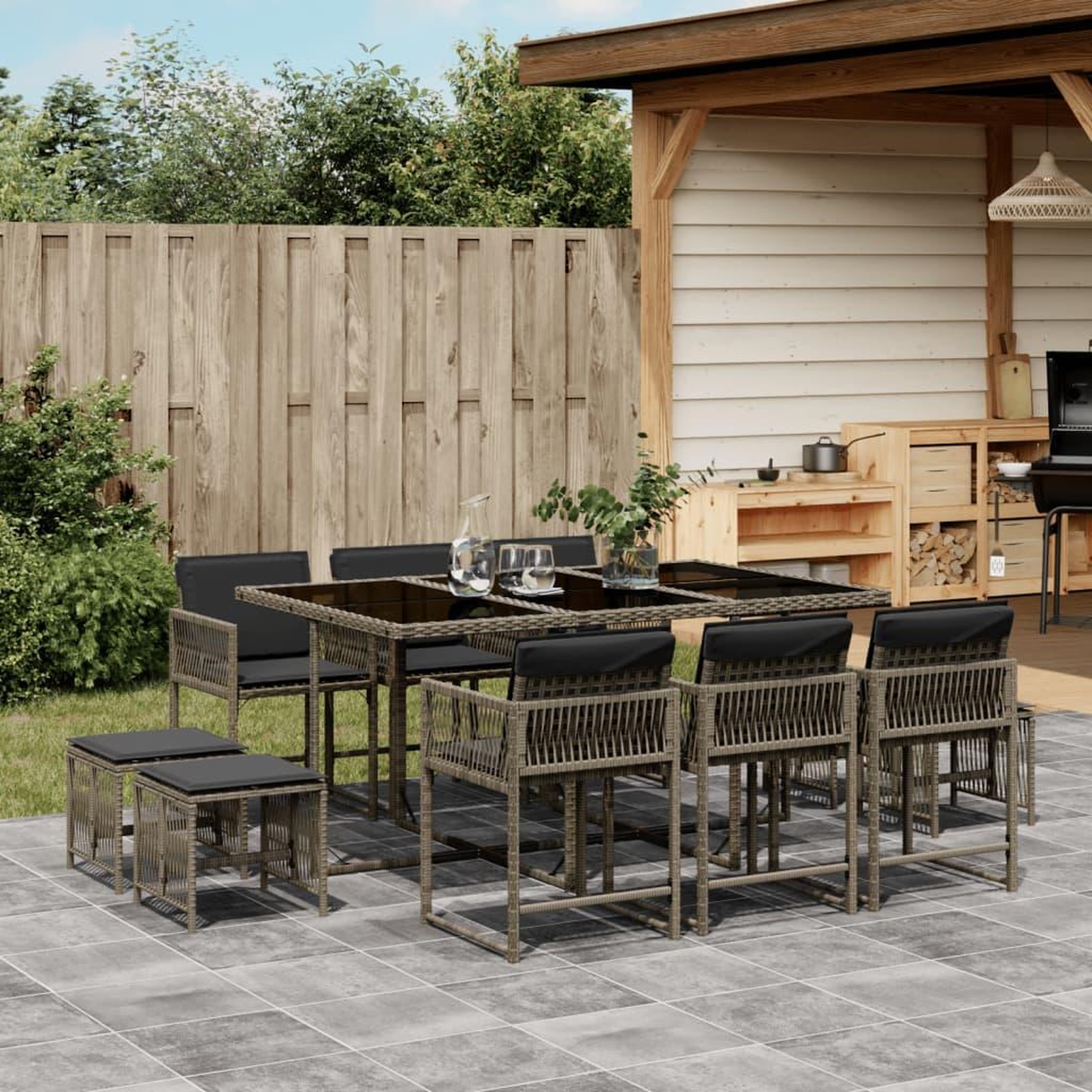 VIDAXL Ensemble a manger de jardin 11pcs avec coussins gris poly rotin