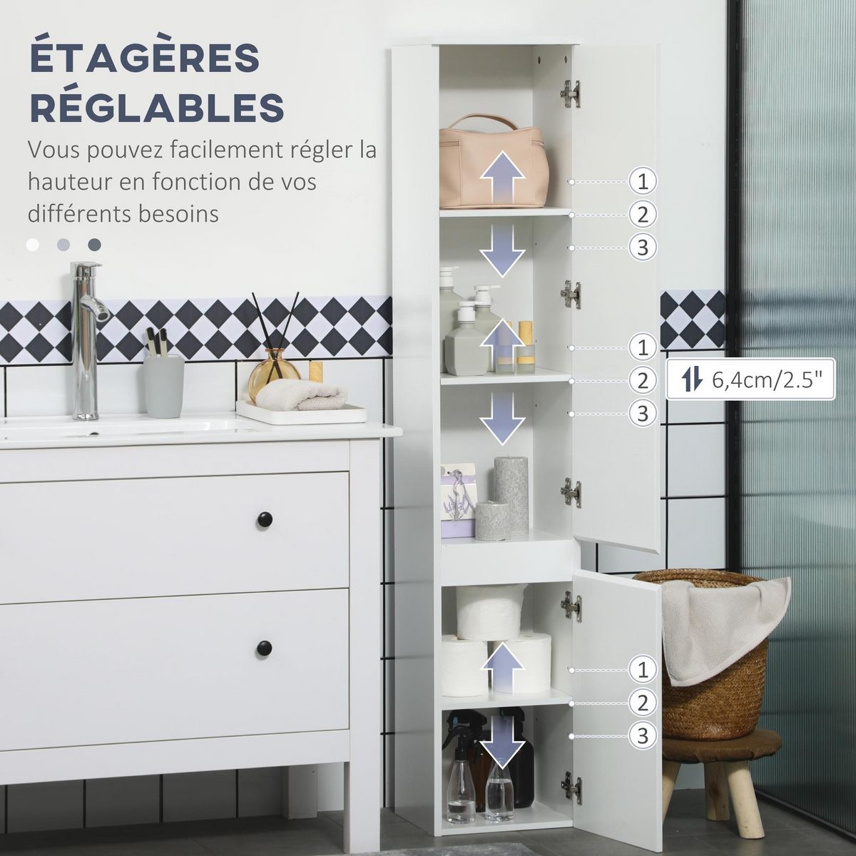 KLEANKIN Meuble colonne rangement salle de bain 2 placards 3 étagères style contemporain blanc