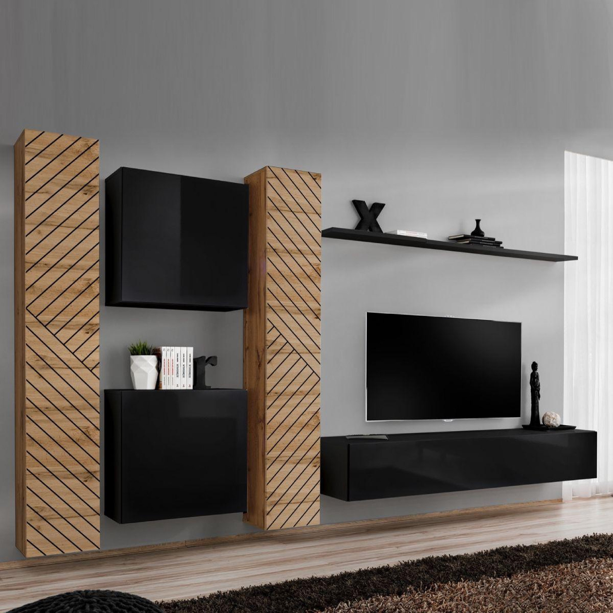Paris Prix Ensemble meuble tv  switch lamel vi  330cm noir & naturel