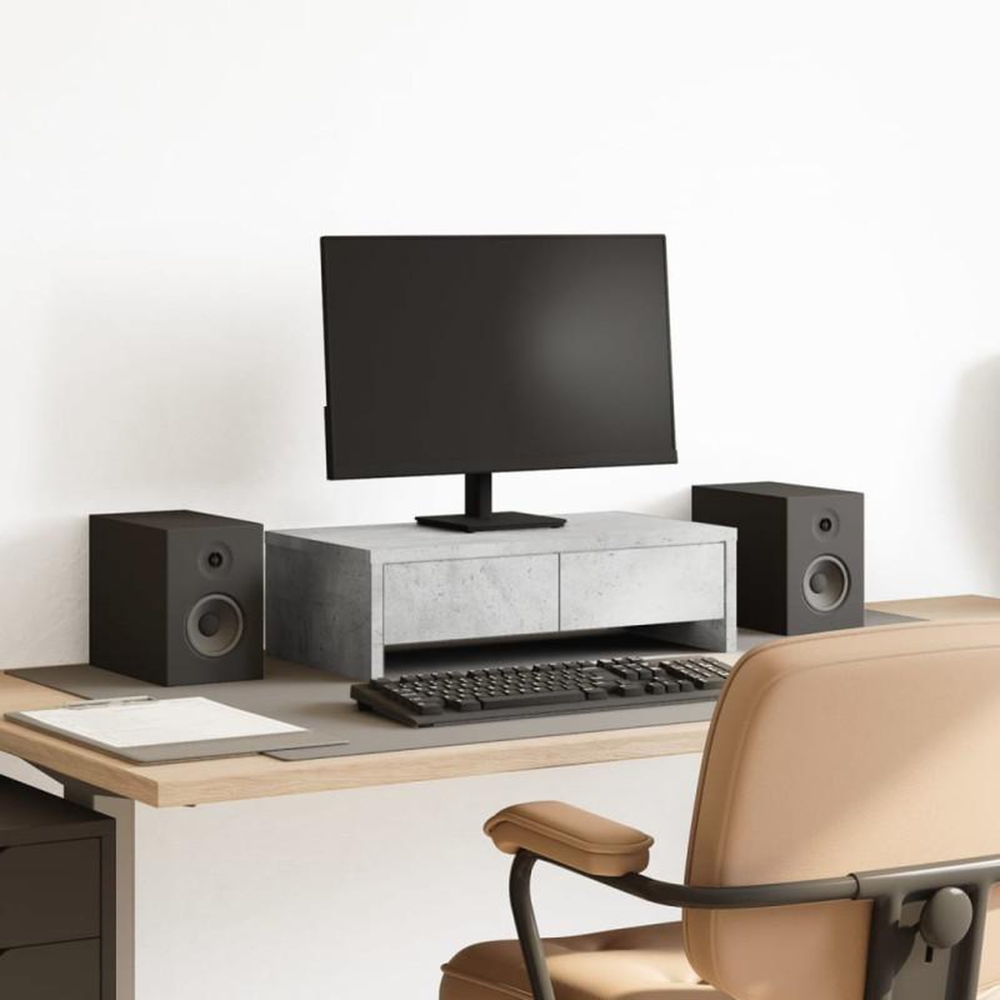 Voir la diapositive 1 : VIDAXL Support de moniteur avec tiroirs gris béton bois d ingénierie