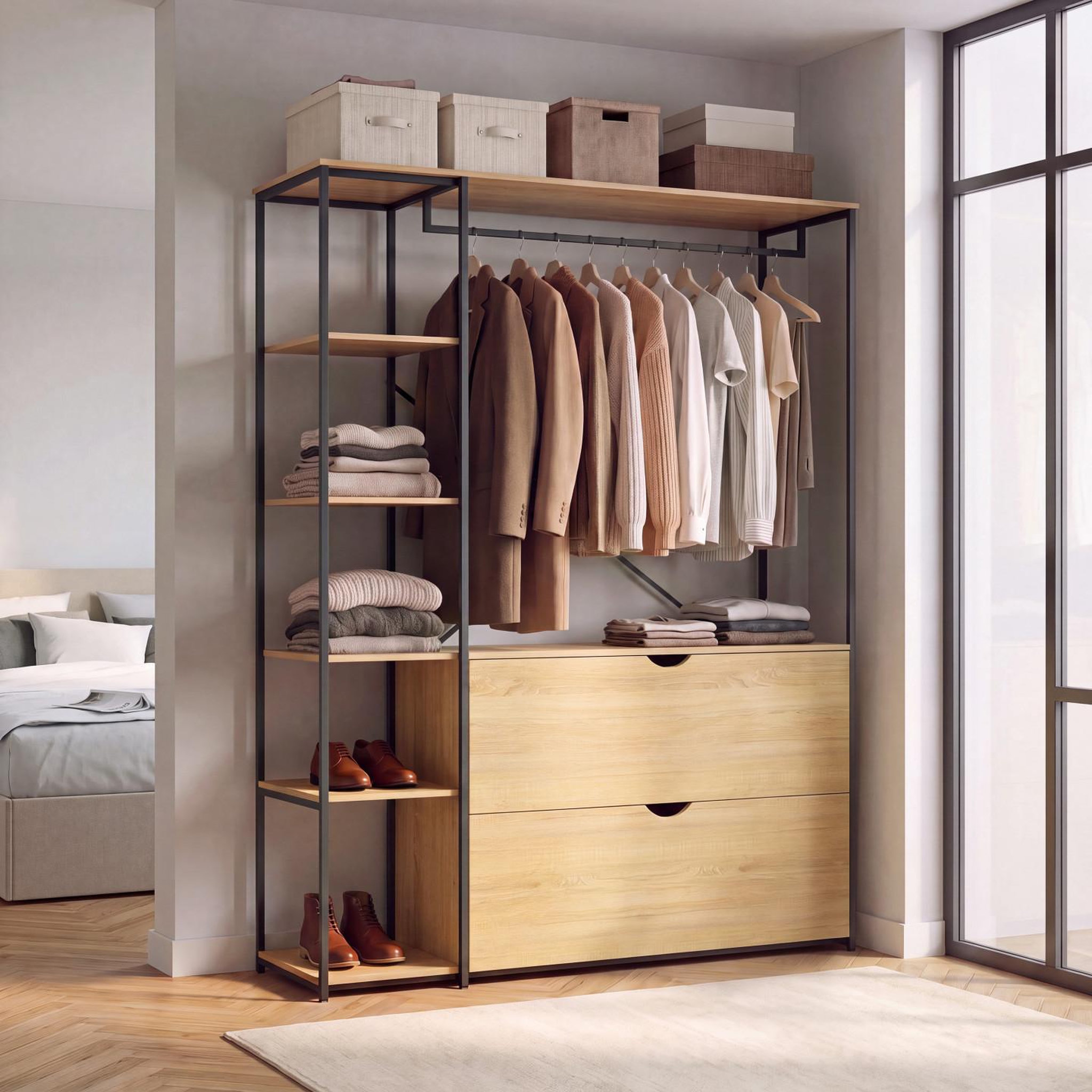 Voir la diapositive 2 : ID MARKET Dressing penderie étagères l. 113 cm detroit 2 tiroirs design industriel
