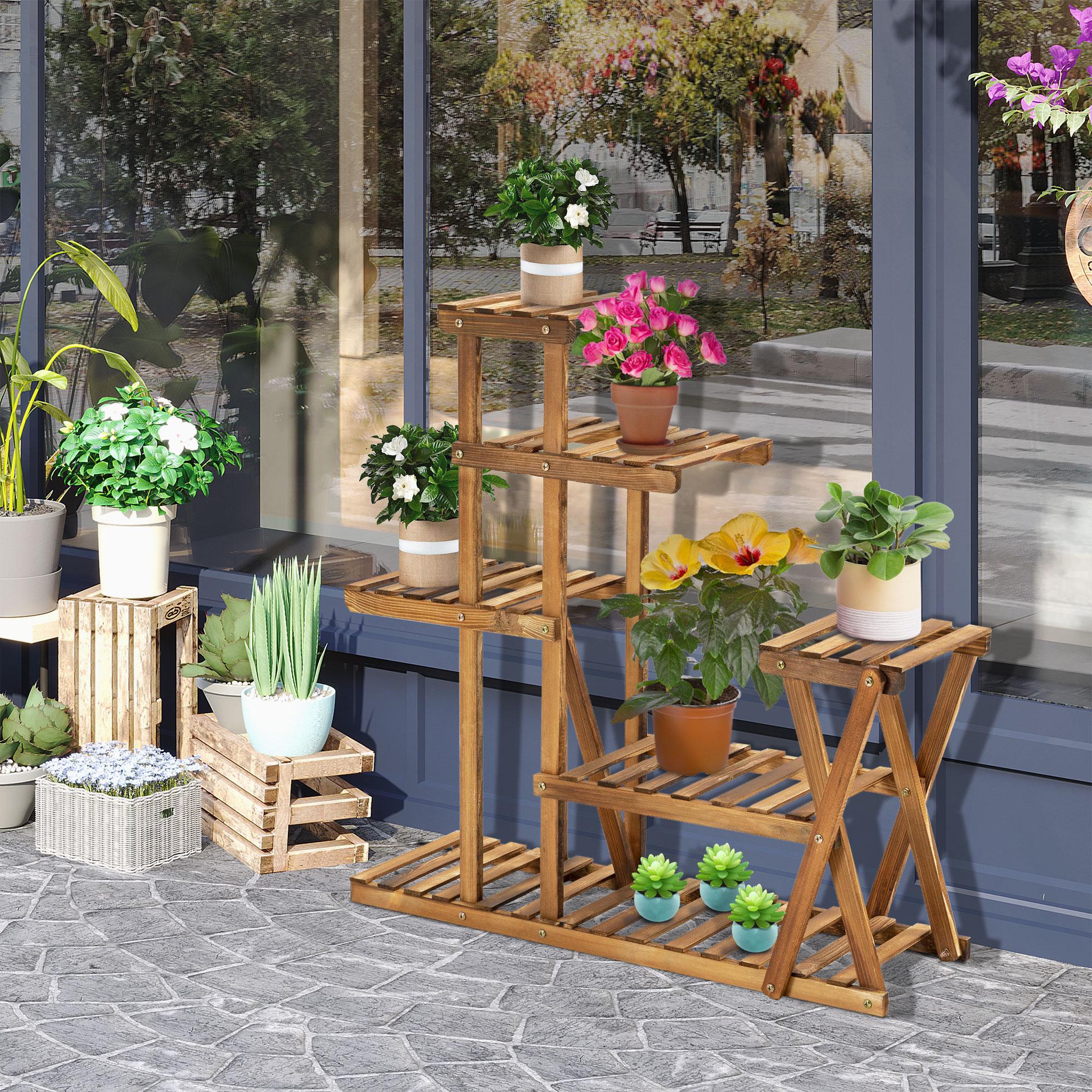 Voir la diapositive 4 : OUTSUNNY Étagère à fleurs en bois - porte plante bois 6 tablettes - dim. 98L x 28l x 95H cm - bois de sapin traité carbonisation