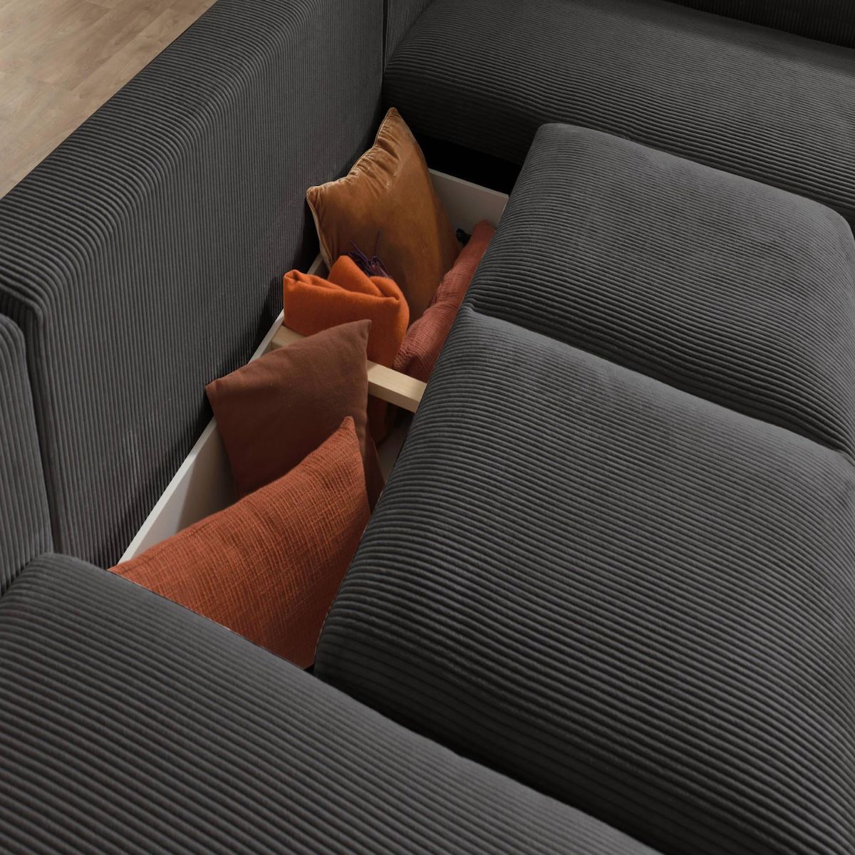 LISA DESIGN Livy - canapé panoramique convertible - avec coffre - en velours côtelé - 7 places - droit