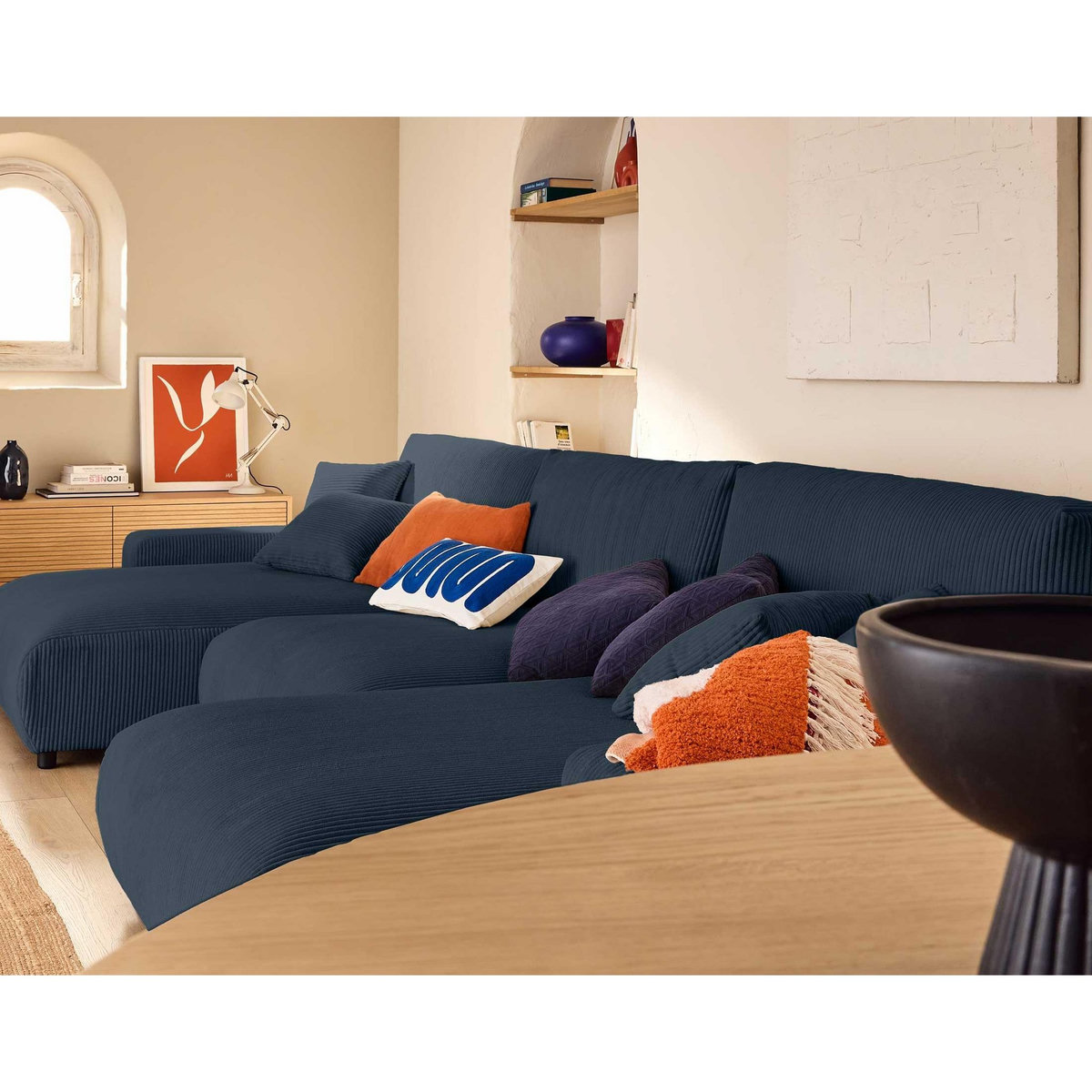 LISA DESIGN Pivoine - canapé panoramique en u - 7 places - convertible avec coffre - en velours côtelé