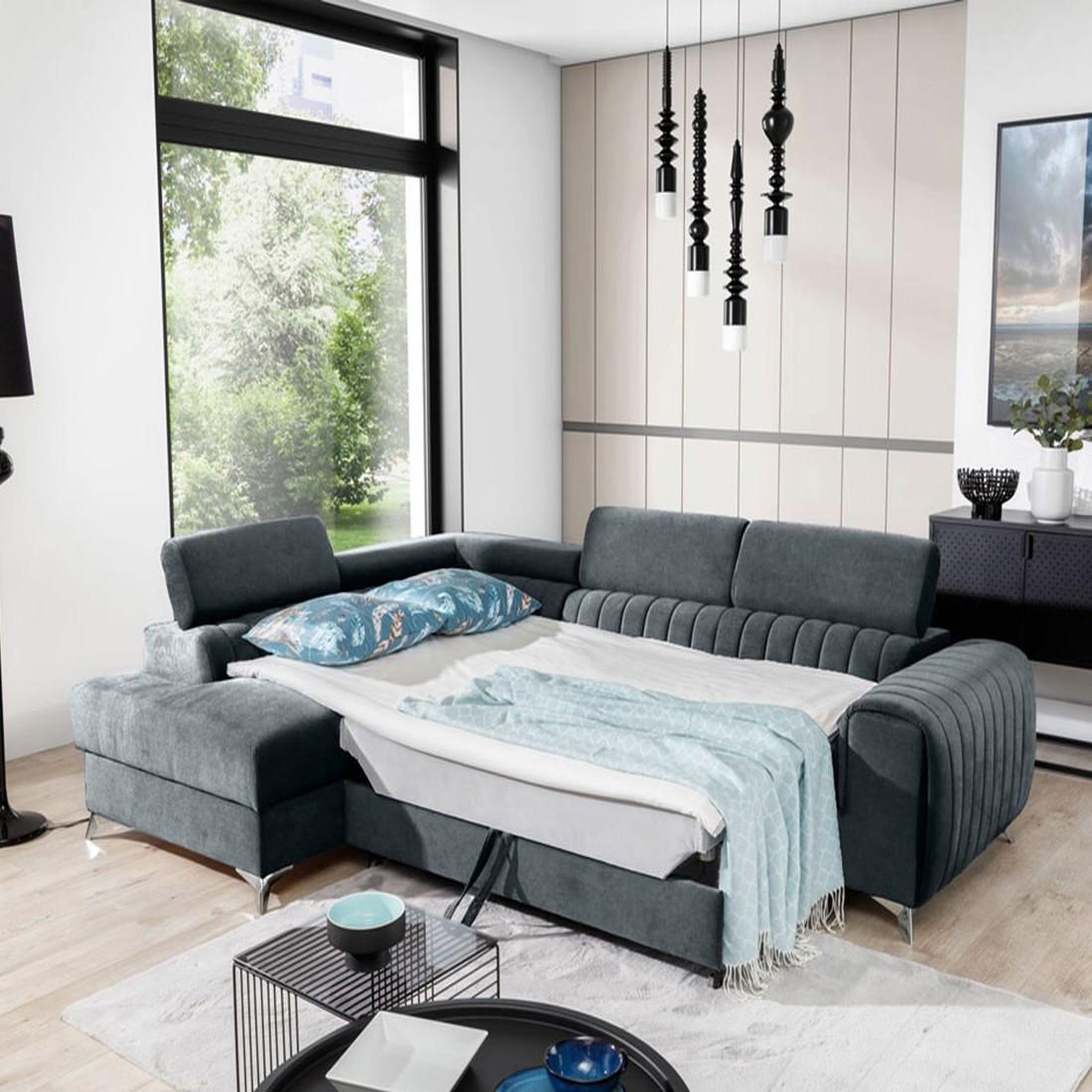 Voir la diapositive 2 : BEST MOBILIER Talisay - canapé d'angle gauche - 5 places - convertible avec coffre - en velours
