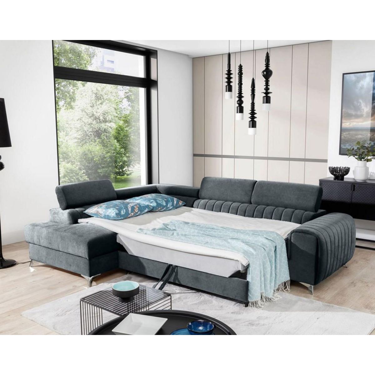 BEST MOBILIER Talisay - canapé d'angle gauche - 5 places - convertible avec coffre - en velours