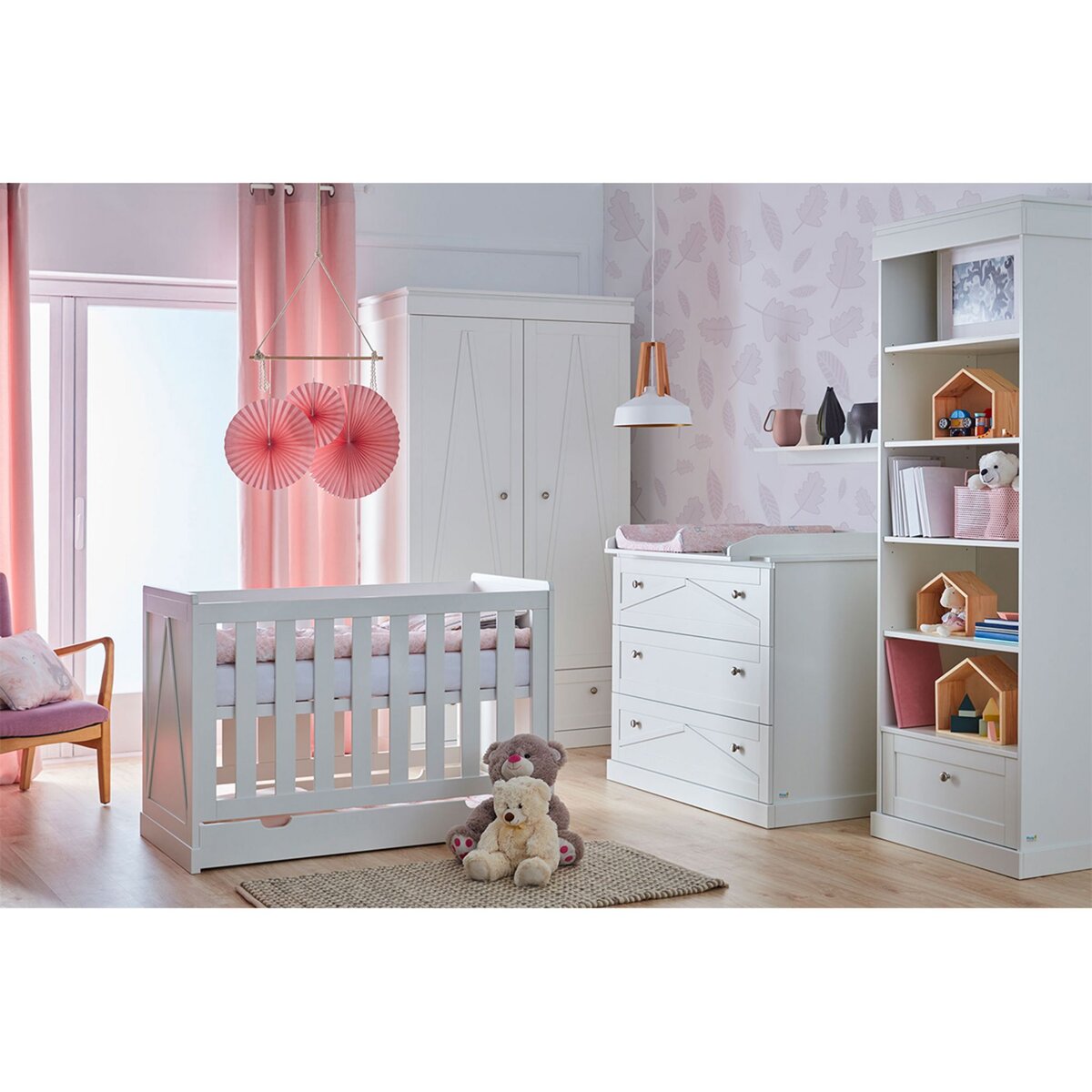 PINIO Chambre complète lit bébé 60x120 - commode à langer - armoire 2 portes Marie - Blanc