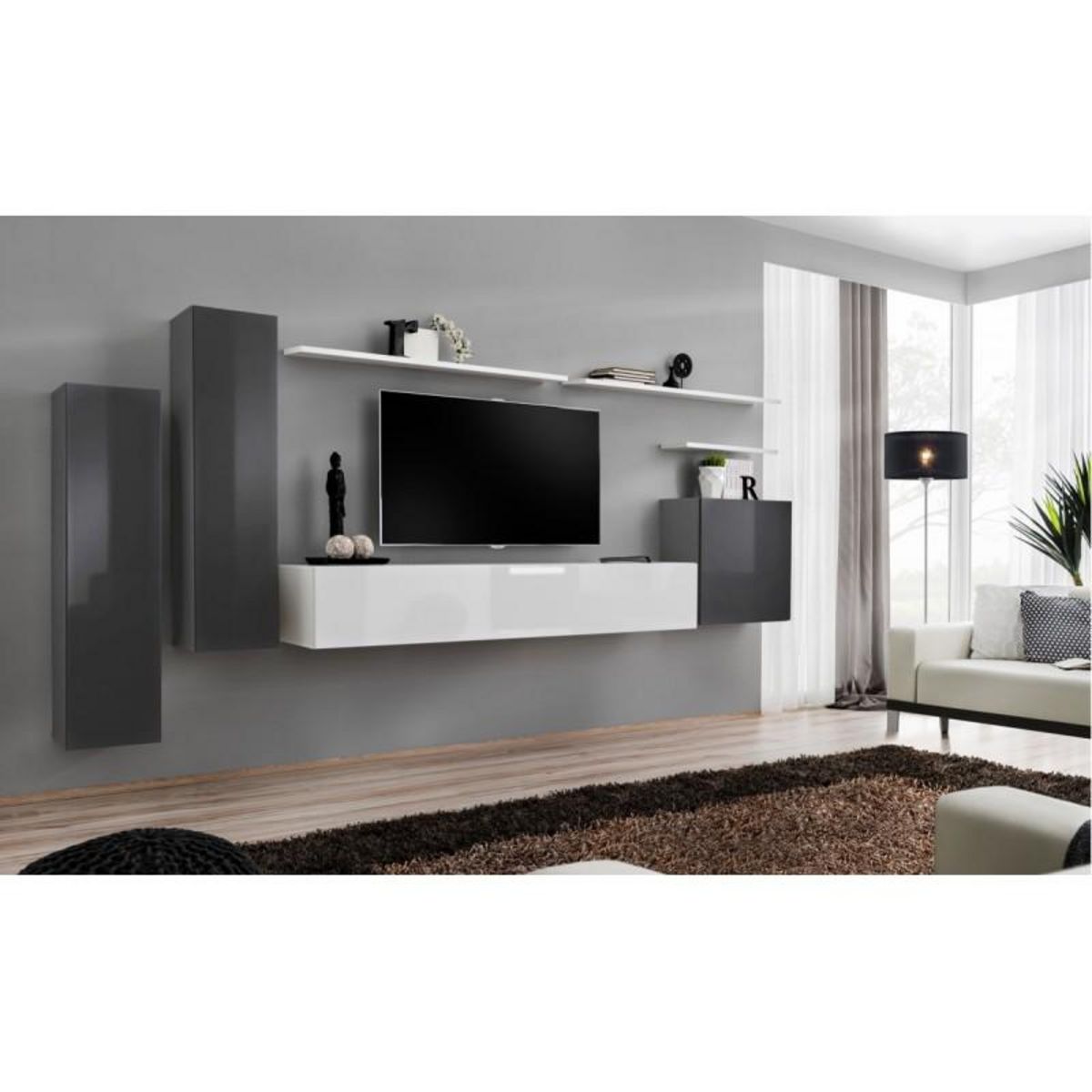 Paris Prix Meuble TV Mural Design  Switch I  330cm Gris & Blanc