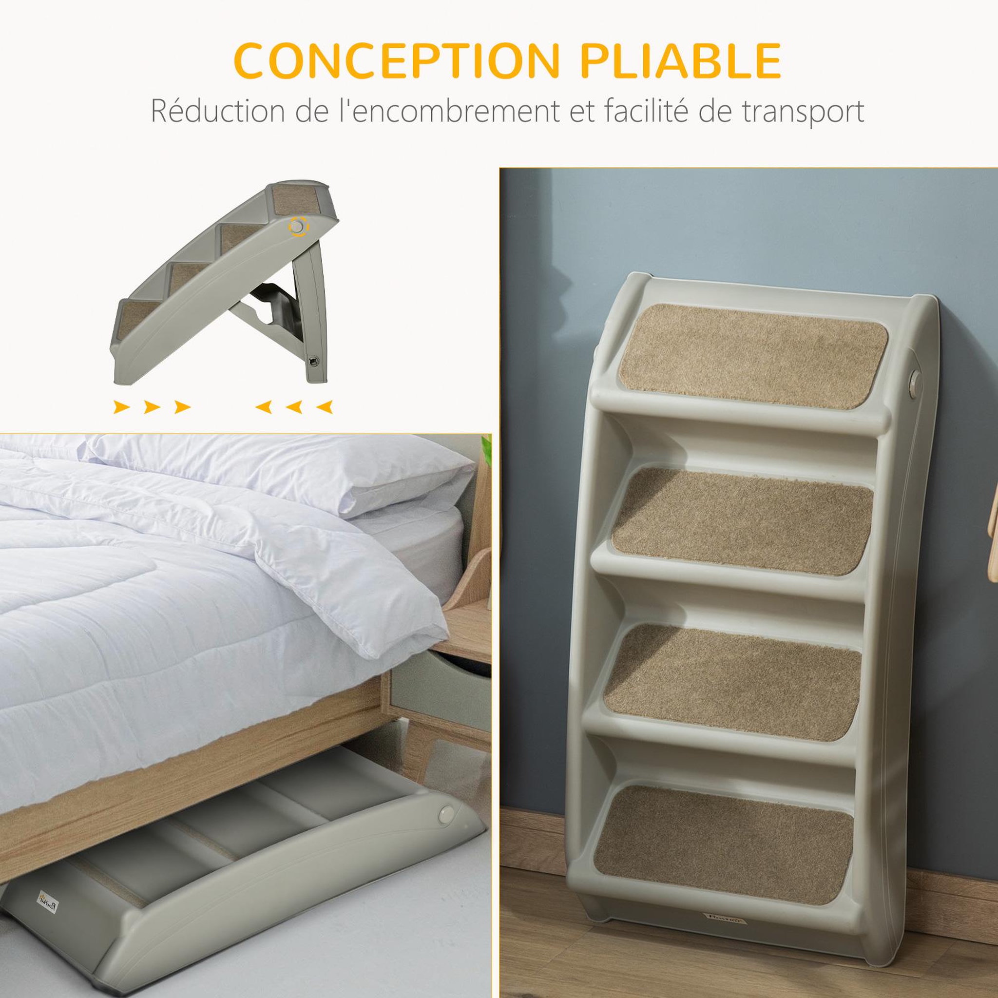 Voir la diapositive 5 : PAWHUT Escalier pour chien pliant 4 marches antidérapantes 10 kg max. Pp gris