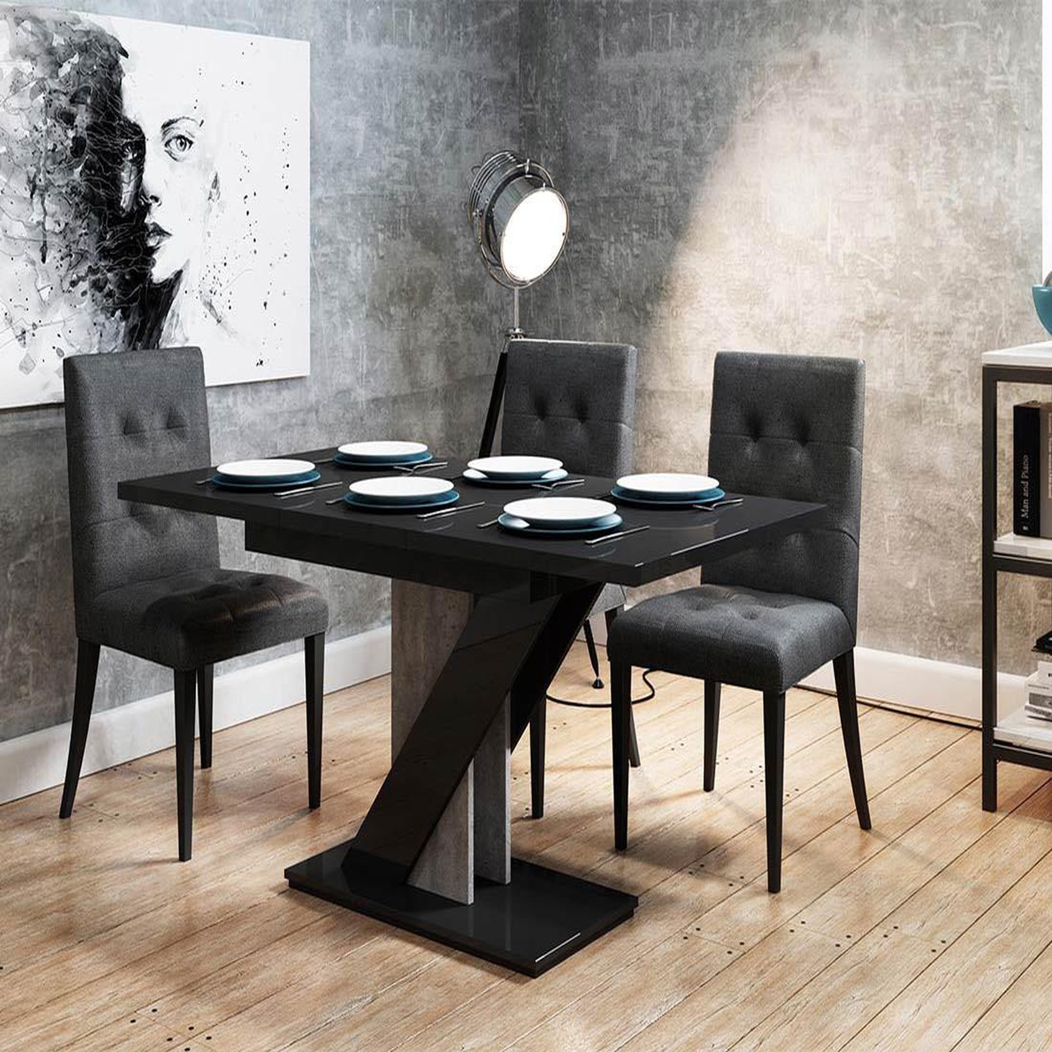 Voir la diapositive 1 : BEST MOBILIER Burnie - table à manger extensible - noir et effet béton - 4 à 6 personnes