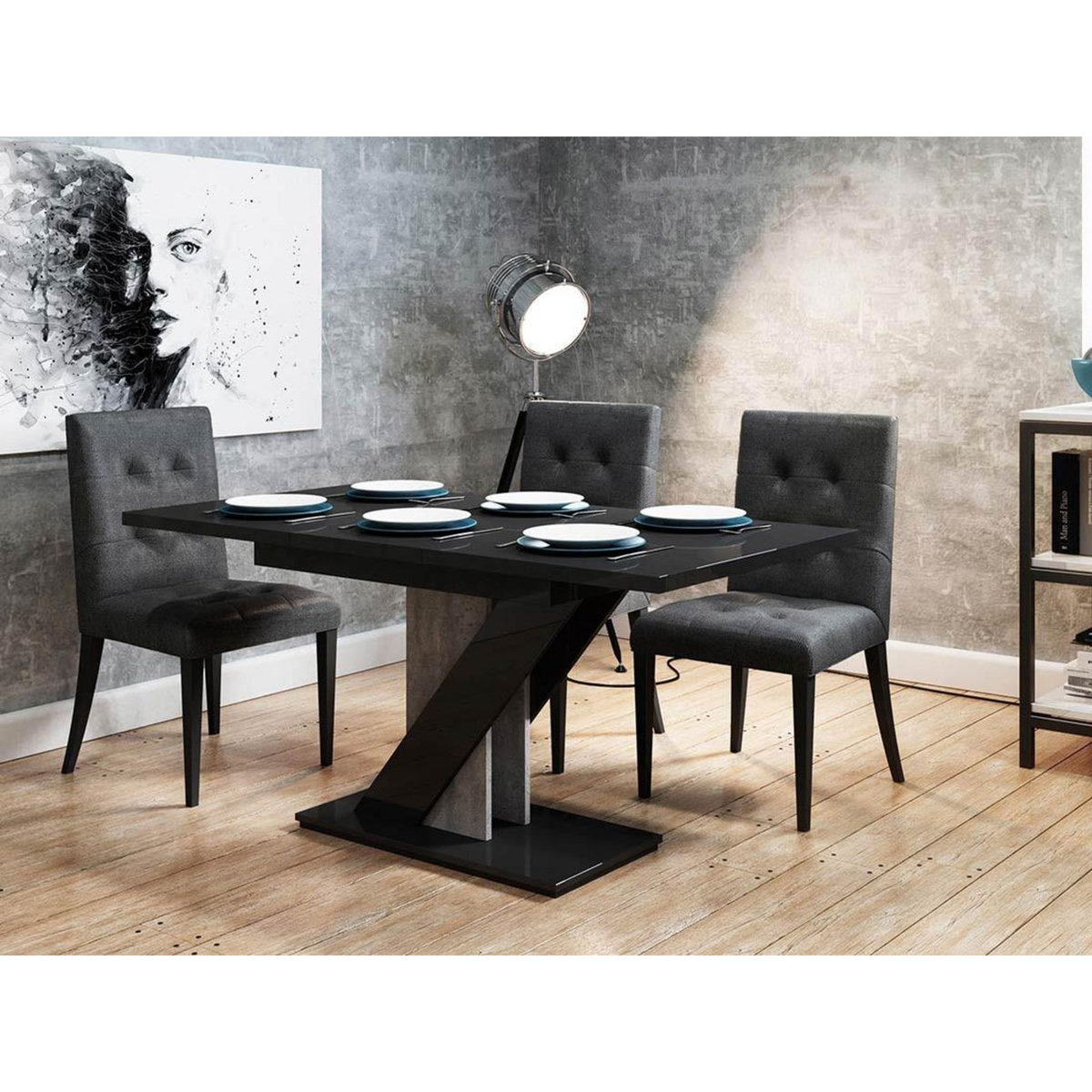 BEST MOBILIER Burnie - table à manger extensible - noir et effet béton - 4 à 6 personnes