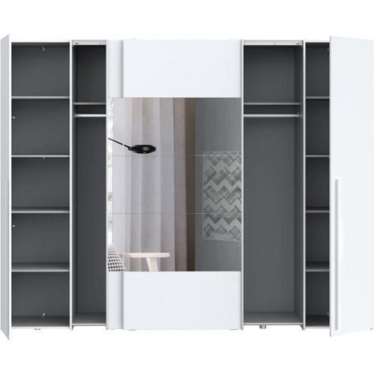 MARKET24 Armoire NARAGO - Décor Blanc mat - 2 portes coulissantes + miroir + 2 portes battantes + 2 penderies - L270 x P61 x H210 cm