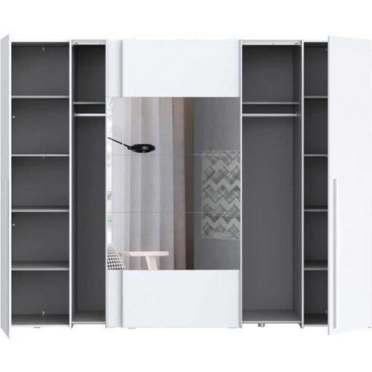MARKET24 Armoire NARAGO - Décor Blanc mat - 2 portes coulissantes + miroir + 2 portes battantes + 2 penderies - L270 x P61 x H210 cm