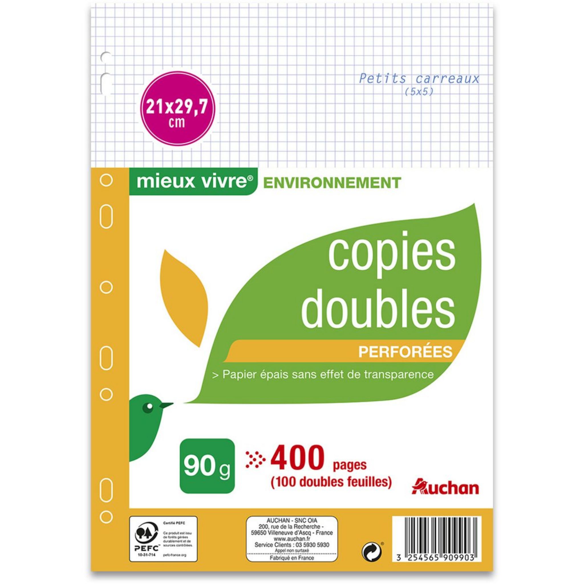 AUCHAN Copies doubles 100 pages 21x29,7cm petits carreaux 5x5 perforées