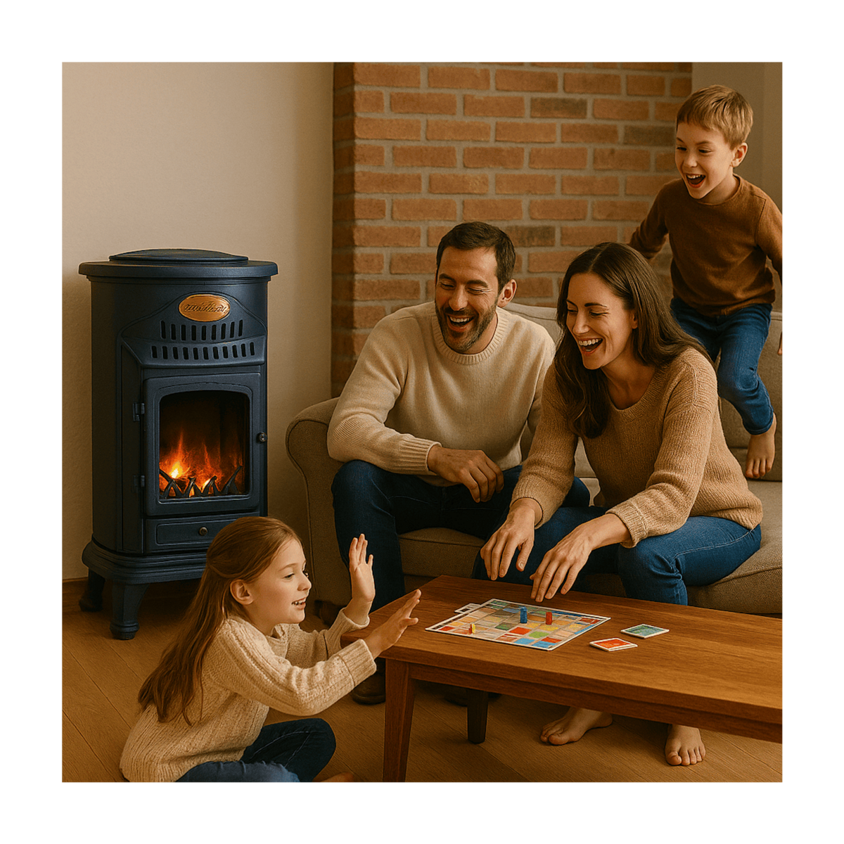 SAHARA Poêle à gaz 3,4KW Fonte Véritable – Chauffage d'appoint Design Bleu Marine - Effet feu de bois, mobile sur roues Provence Sahara