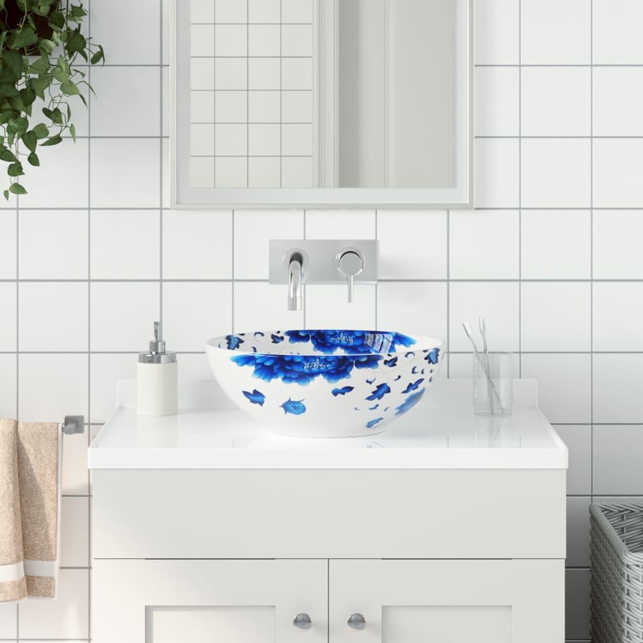 VIDAXL Vasque a poser blanc et bleu rond Φ41x14 cm ceramique