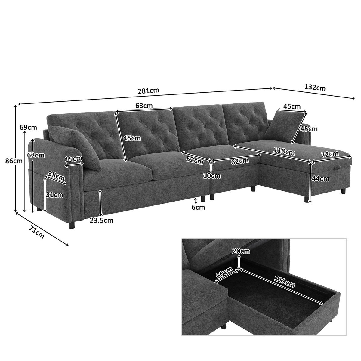 MERAX Canapé d'angle réversible fixe 4 places velours coffre de rangement