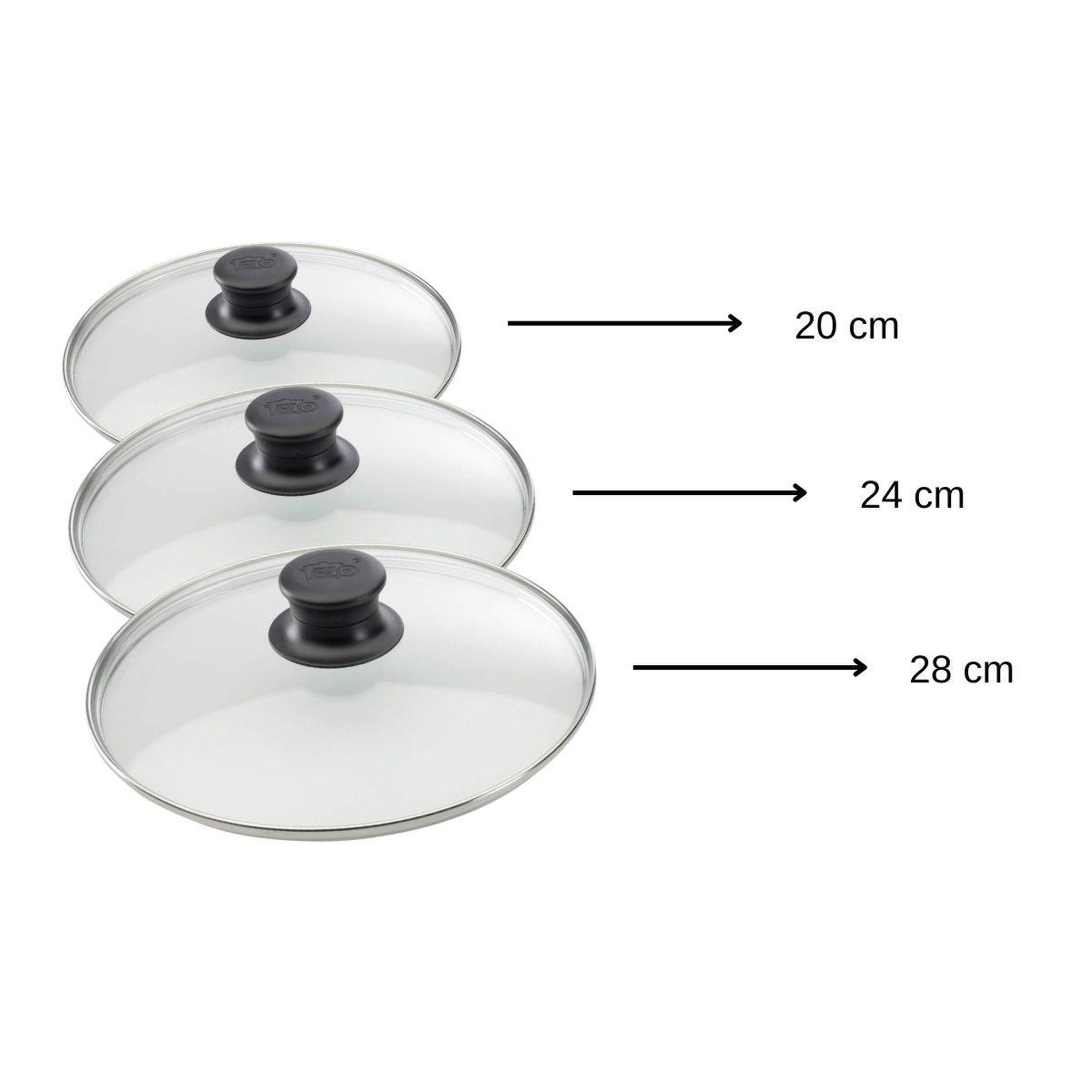 Voir la diapositive 3 : ELO Set de 3 couvercles de cuisson en verre 20 cm 24 cm et 28 cm elo
