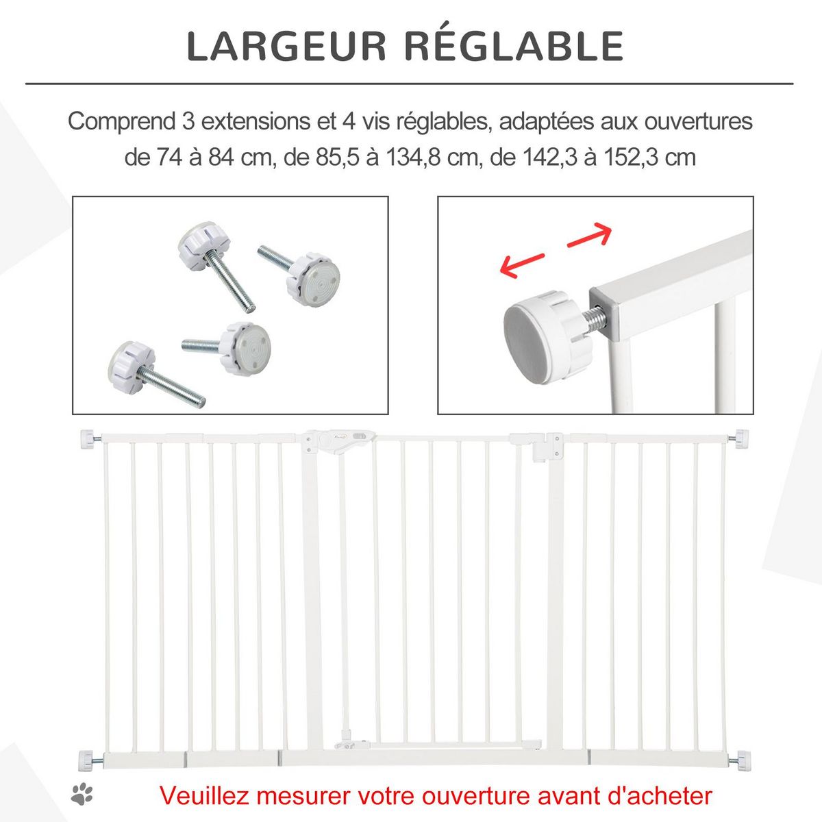PAWHUT Barrière de sécurité longueur réglable porte double verrouillage sans perçage acier plastique blanc