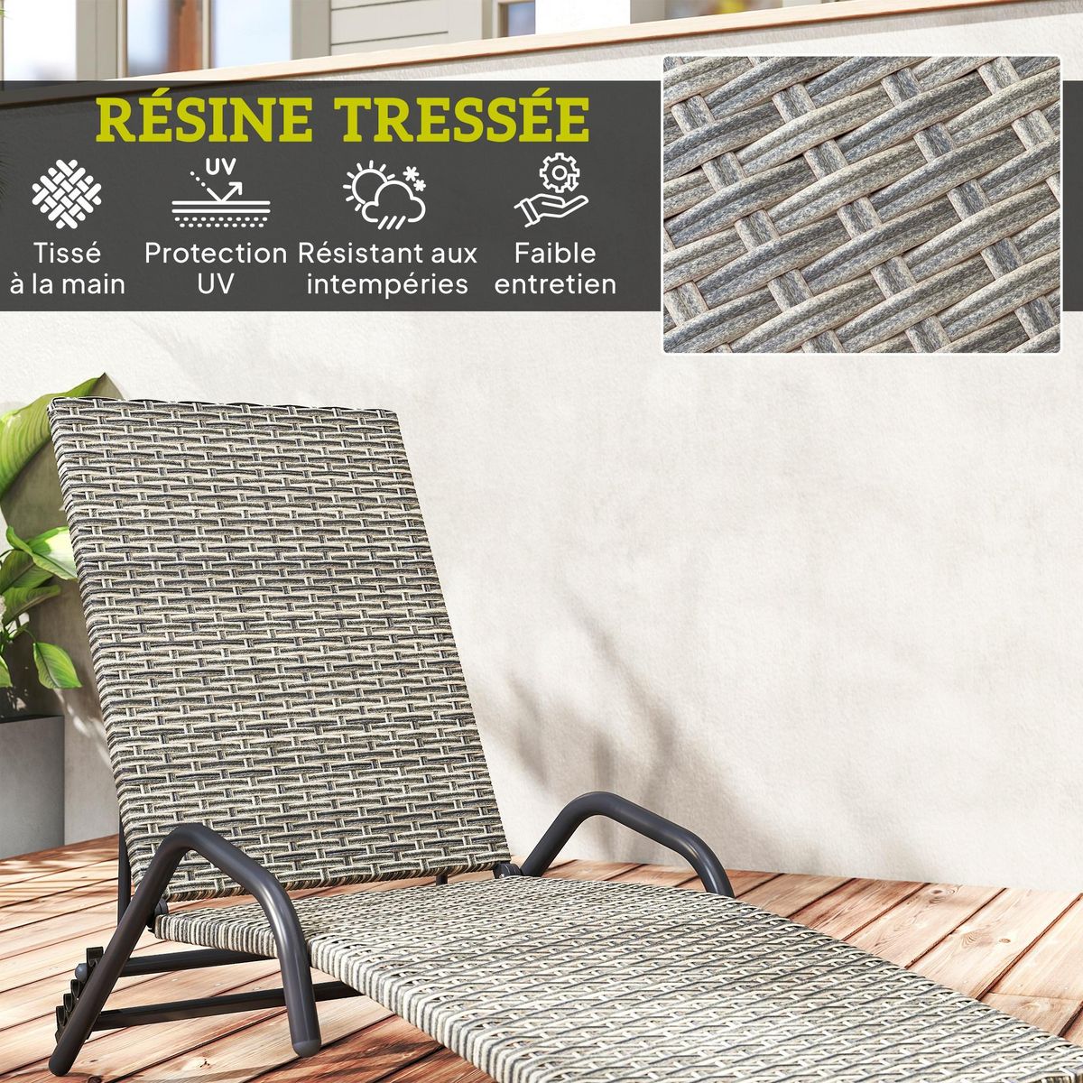 OUTSUNNY Bain de soleil inclinable réglable en résine tressée beige brun accoudoirs structure noir