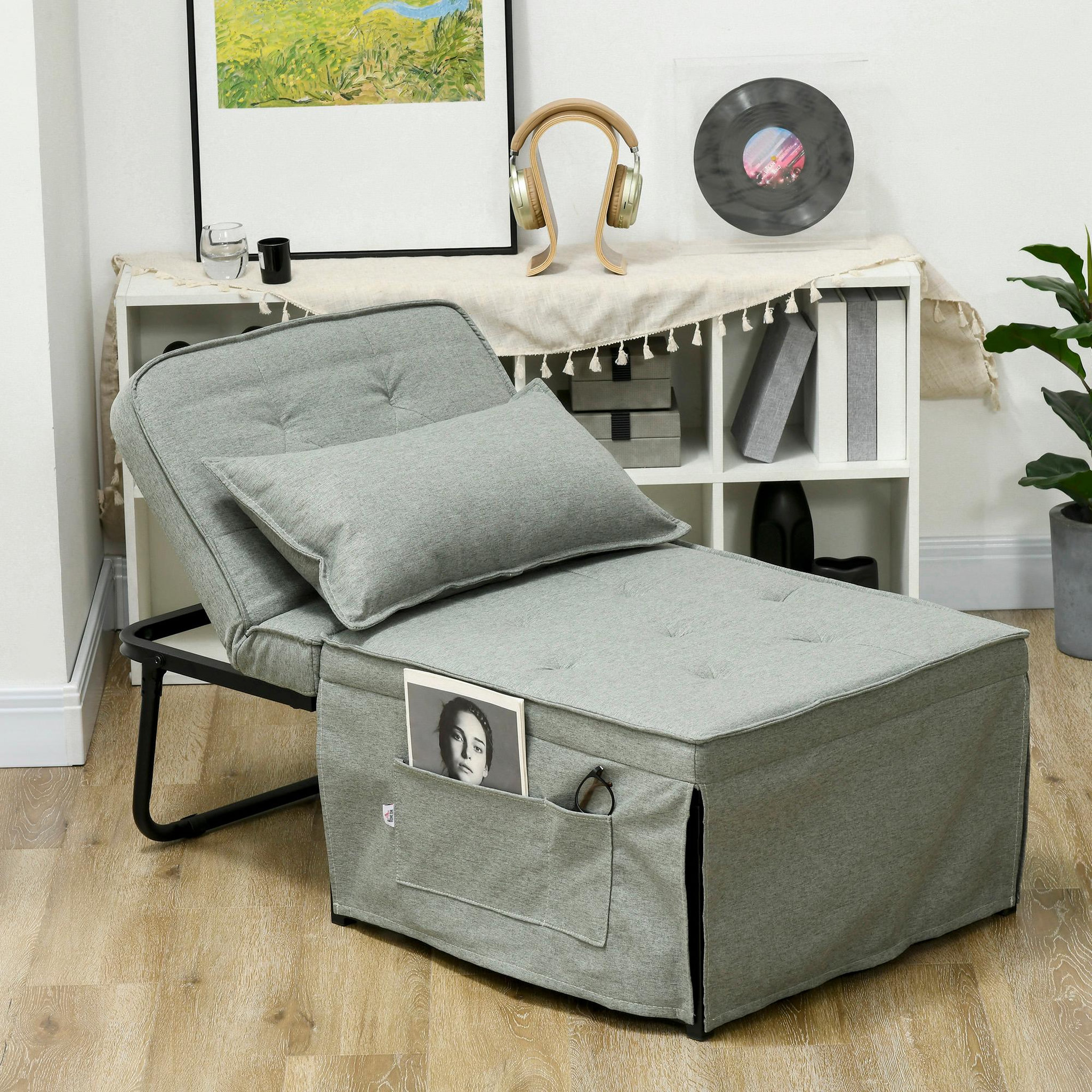 Voir la diapositive 4 : HOMCOM Fauteuil chaise longue lit pouf 4 en 1 dossier inclinable 5 niveaux repose-pied rabattable châssis acier noir tissu gris