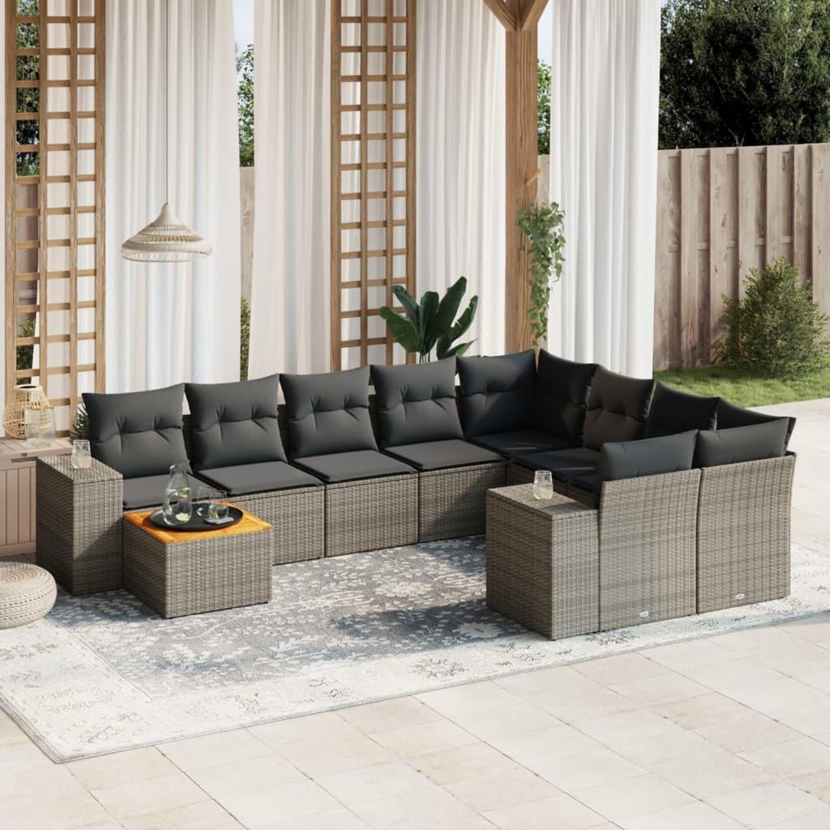 VIDAXL Salon de jardin avec coussins 10 pcs gris resine tressee