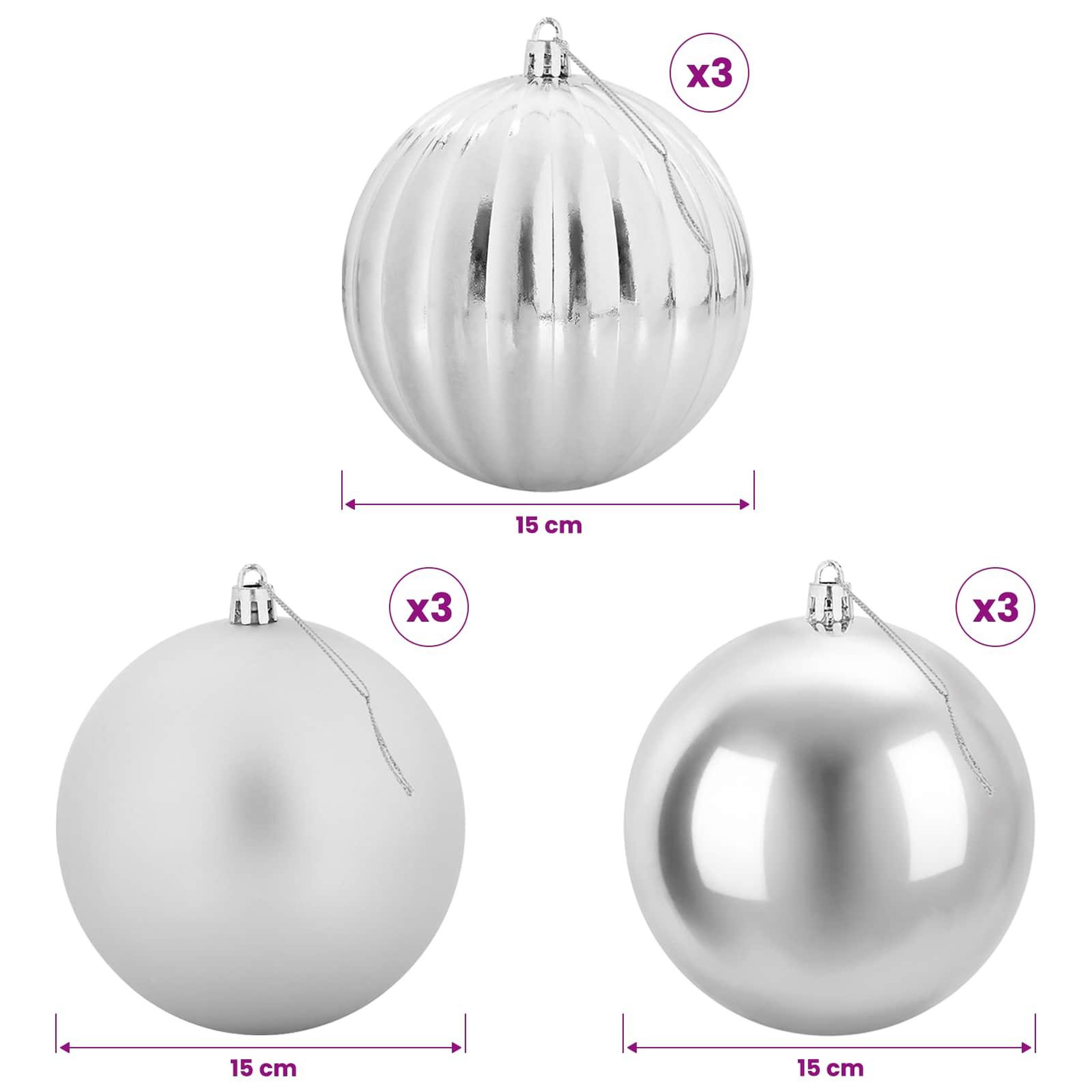 Voir la diapositive 3 : VIDAXL Ensemble de boules de Noël XL 9 pc Argente Diam. 15 cm