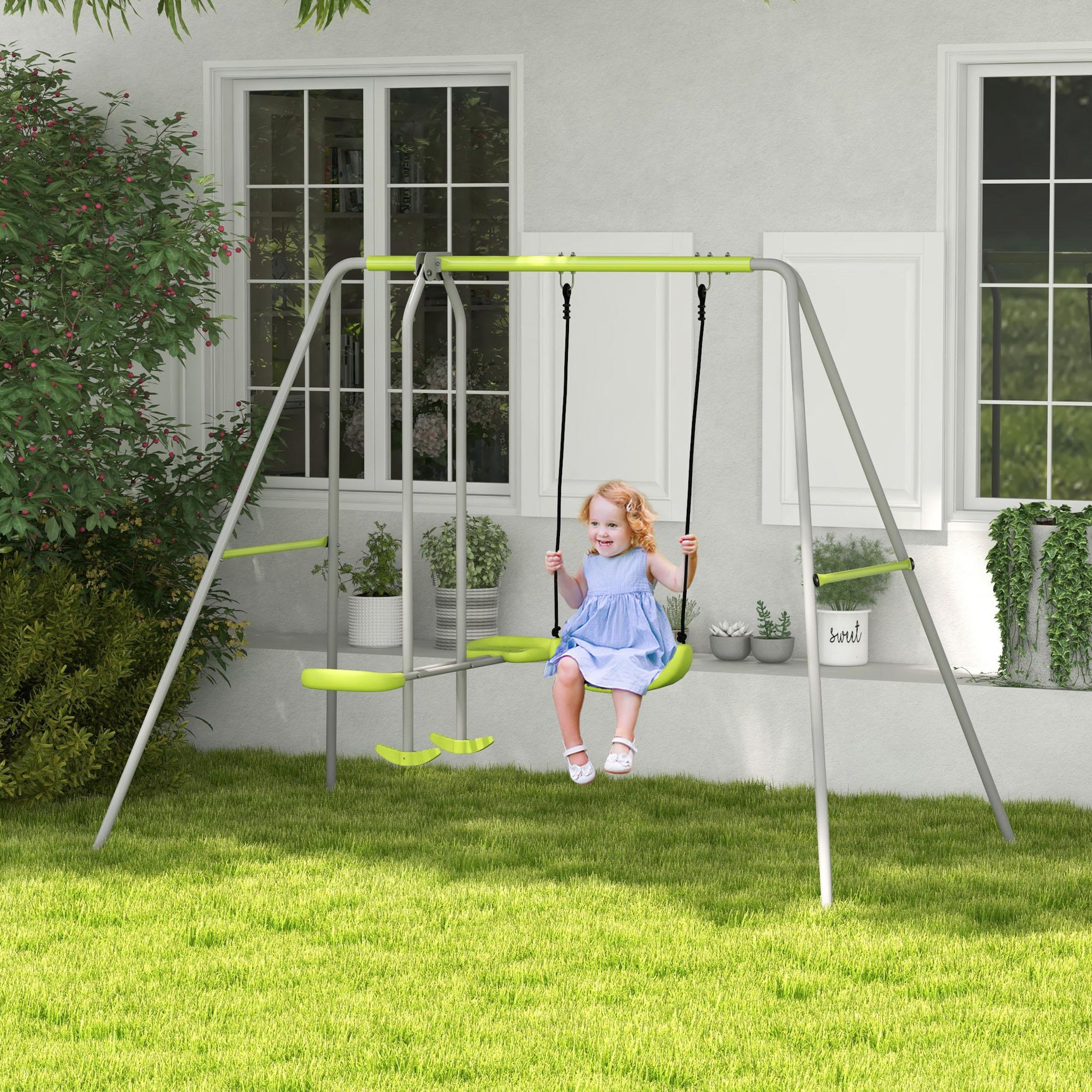 Voir la diapositive 2 : OUTSUNNY Balançoire 2 agrès portique avec balançoire et face à face dim. 2,55L x 1,6l x 1,8H m métal époxy PE gris vert