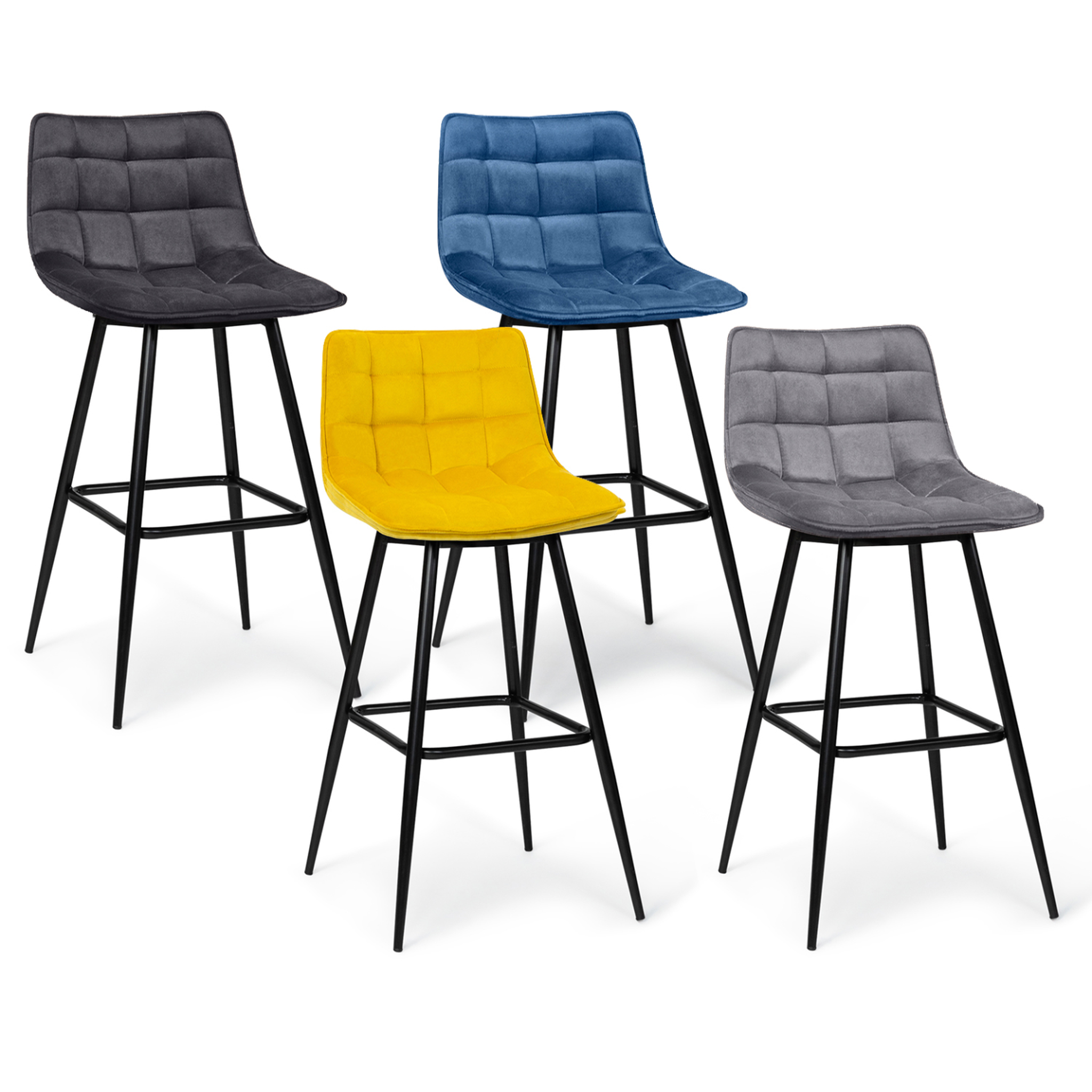 ID MARKET Lot de 4 tabourets de bar mady en velours mix color bleu, gris clair, gris foncé, jaune