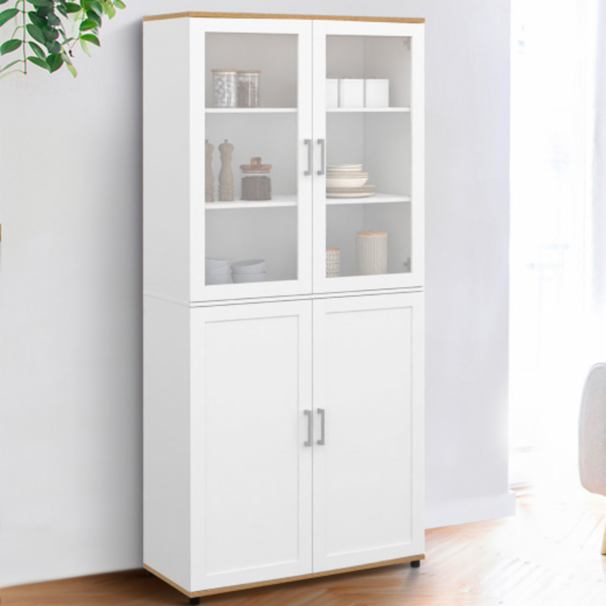 ID MARKET Vitrine buffet haut H. 176 cm vaisselier VITO 4 portes blanc et bois