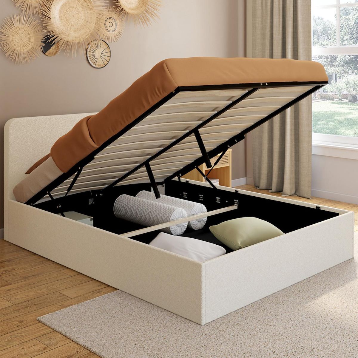 ID MARKET Lit coffre double BRADFORD avec tête de lit et sommier 140 x 190 cm tissu bouclette