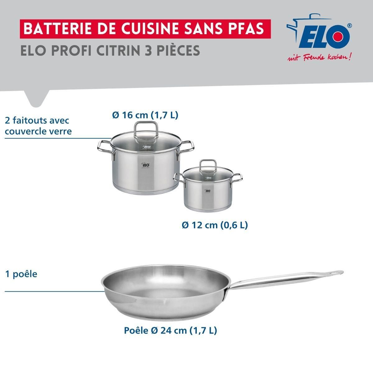 666 Barcelona Ensemble de 1 Poêle de cuisson 24 cm et 2 faitouts 12 et 16 cm Elo Profi Citrin