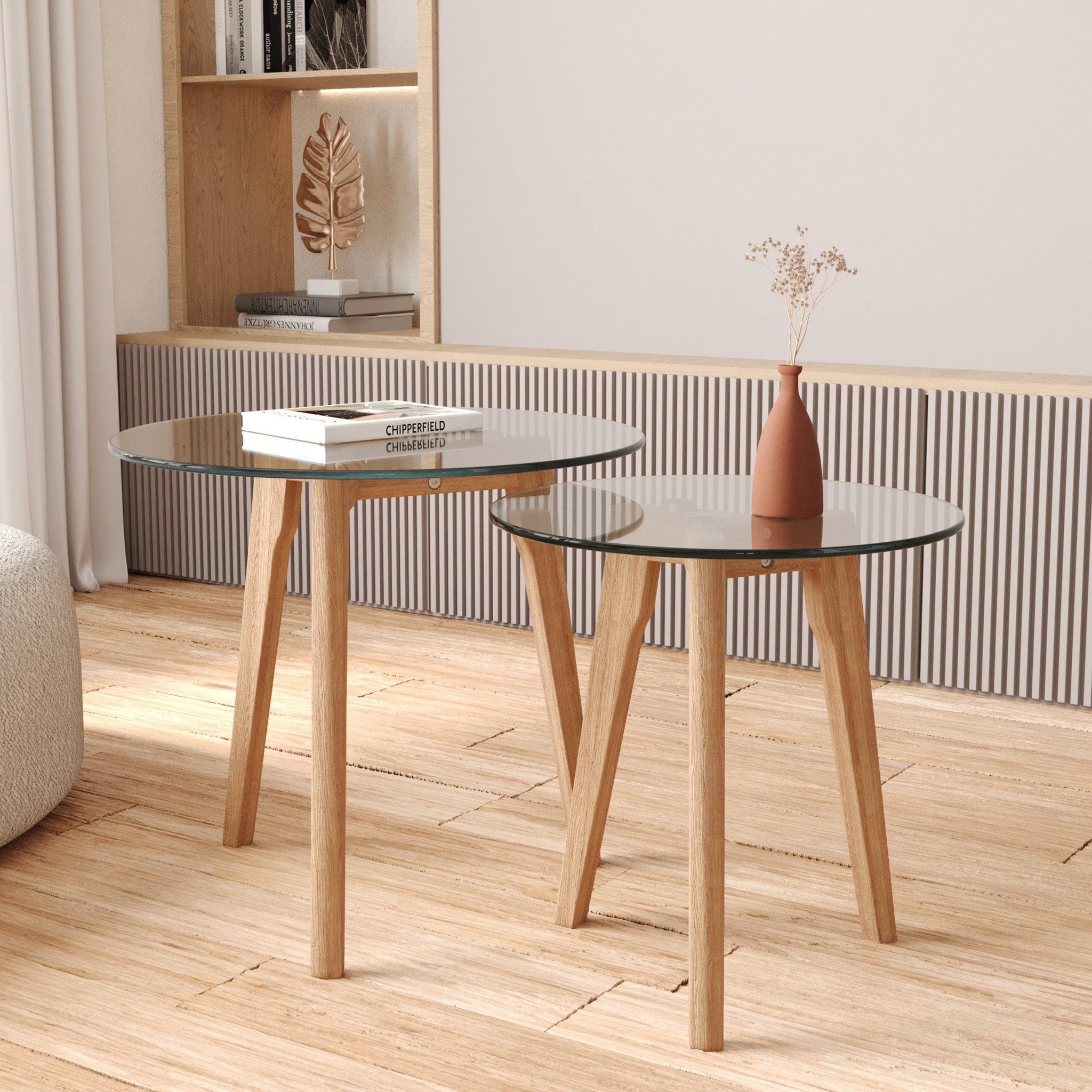 Voir la diapositive 2 : MAISON PAVANE Tables basses rondes en verre et bois d'hévéa (lot de 2)-vénus