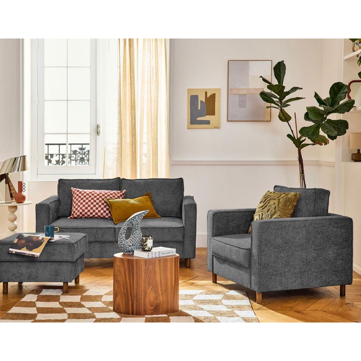 LISA DESIGN Jake - fauteuil en tissu velours relief - pieds en bois foncé