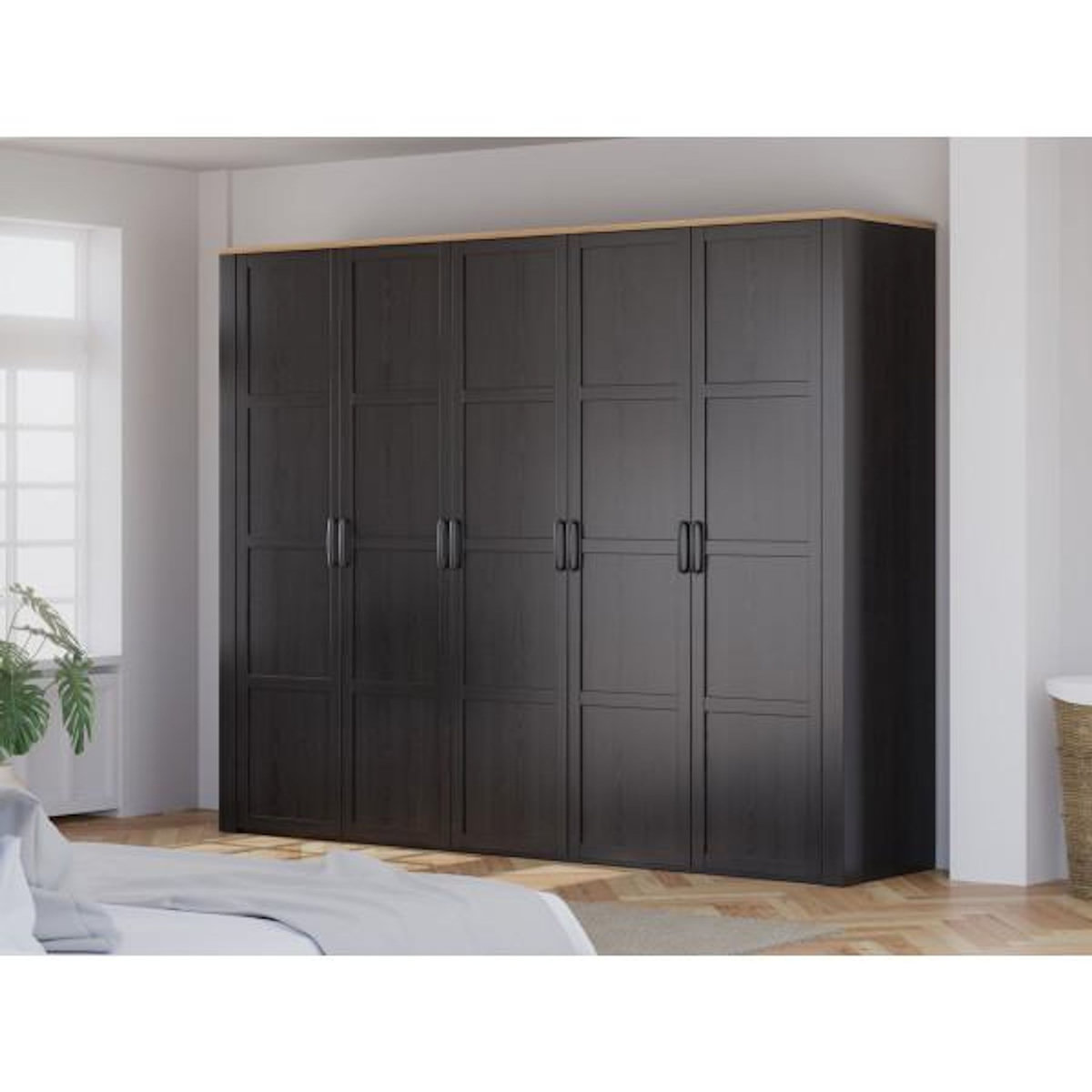 MARKET24 Armoire de chambre - BOHOL - Décor Chene et Noir - 5 portes battantes - L265,6 x P59,6 x H214 cm
